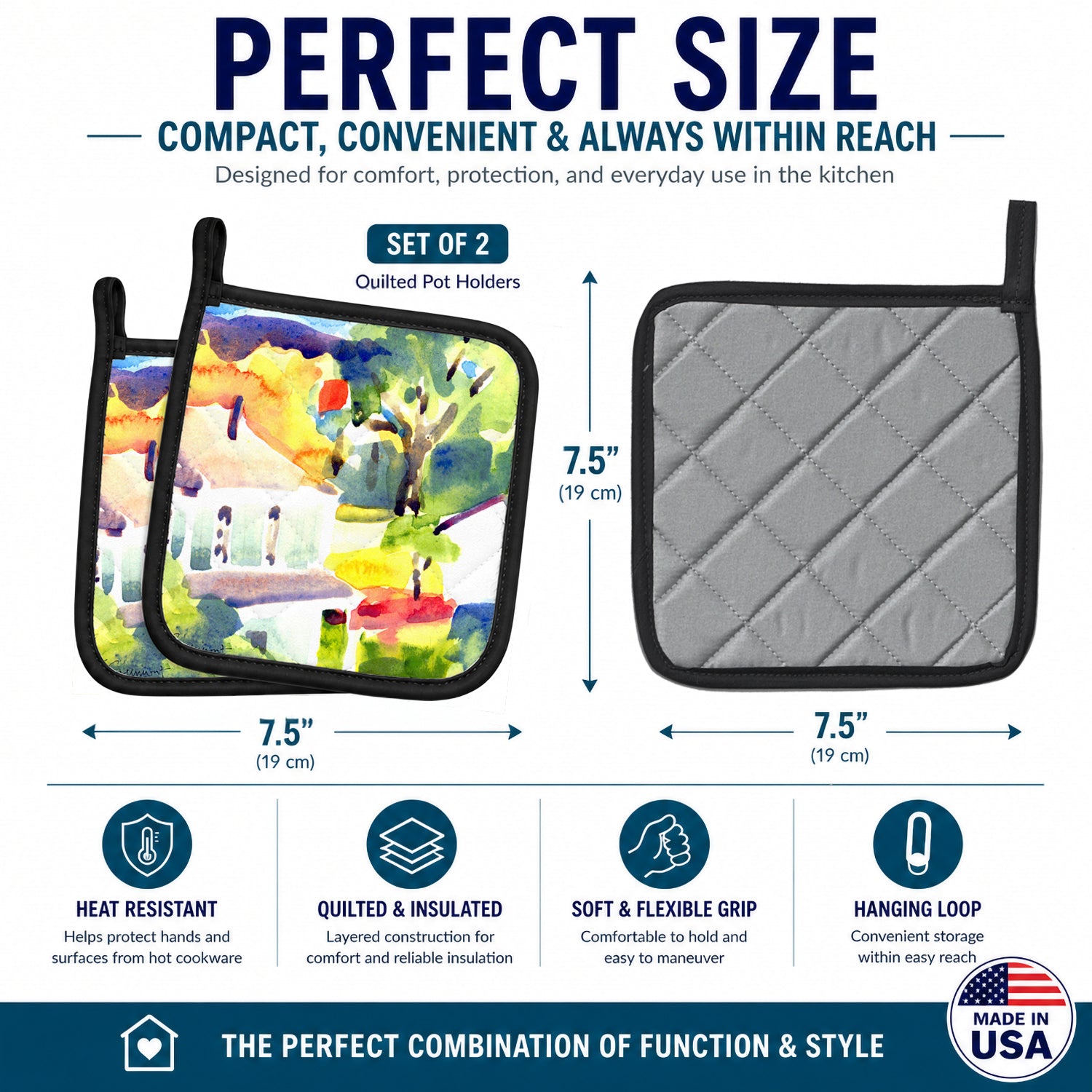 Houses Pot Holder Set of 2 Heat Resistant Quilted Hot Pads 7.5 x 7.5 Inch, Insulated Kitchen Trivets for Cooking & Baking