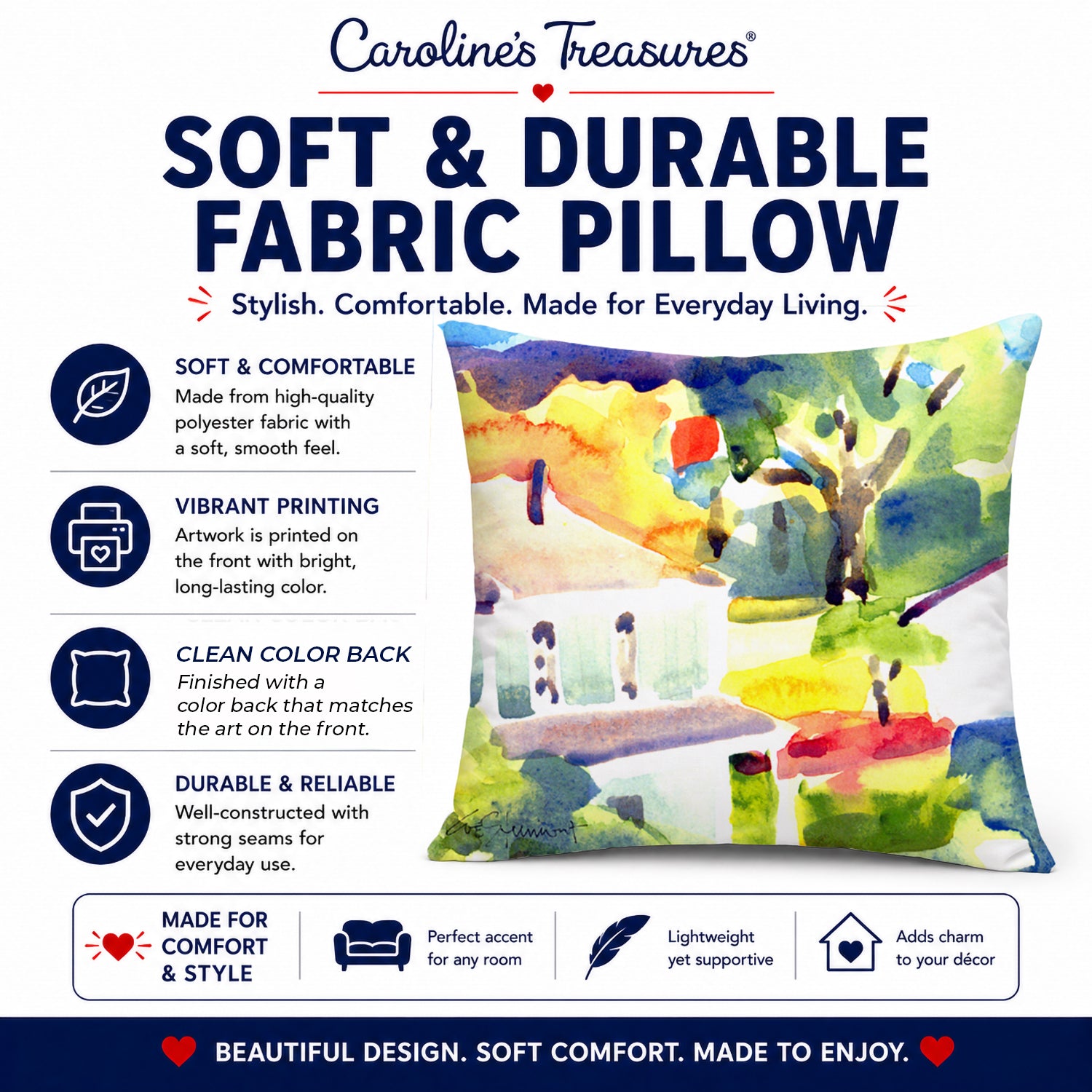 Houses Decorative Throw Pillow 14x14 Indoor Outdoor Accent Cushion, Fabric Cover with Insert for Sofa, Bed, Porch & Living Room