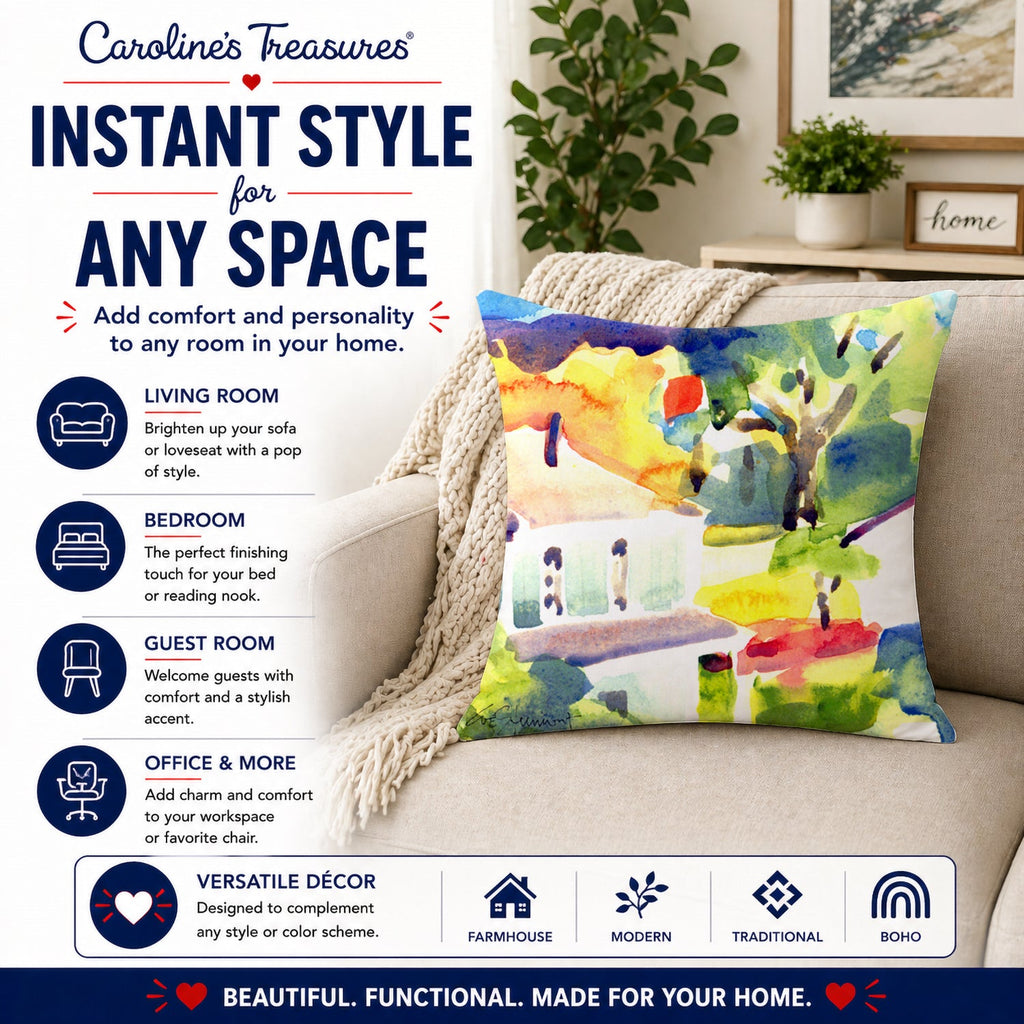 Houses Decorative Throw Pillow 14x14 Indoor Outdoor Accent Cushion, Fabric Cover with Insert for Sofa, Bed, Porch & Living Room