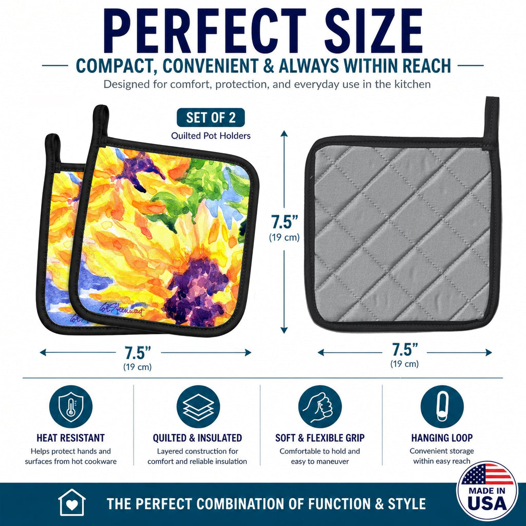 Flower - Sunflower Pot Holder Set of 2 Heat Resistant Quilted Hot Pads 7.5 x 7.5 Inch, Insulated Kitchen Trivets for Cooking & Baking