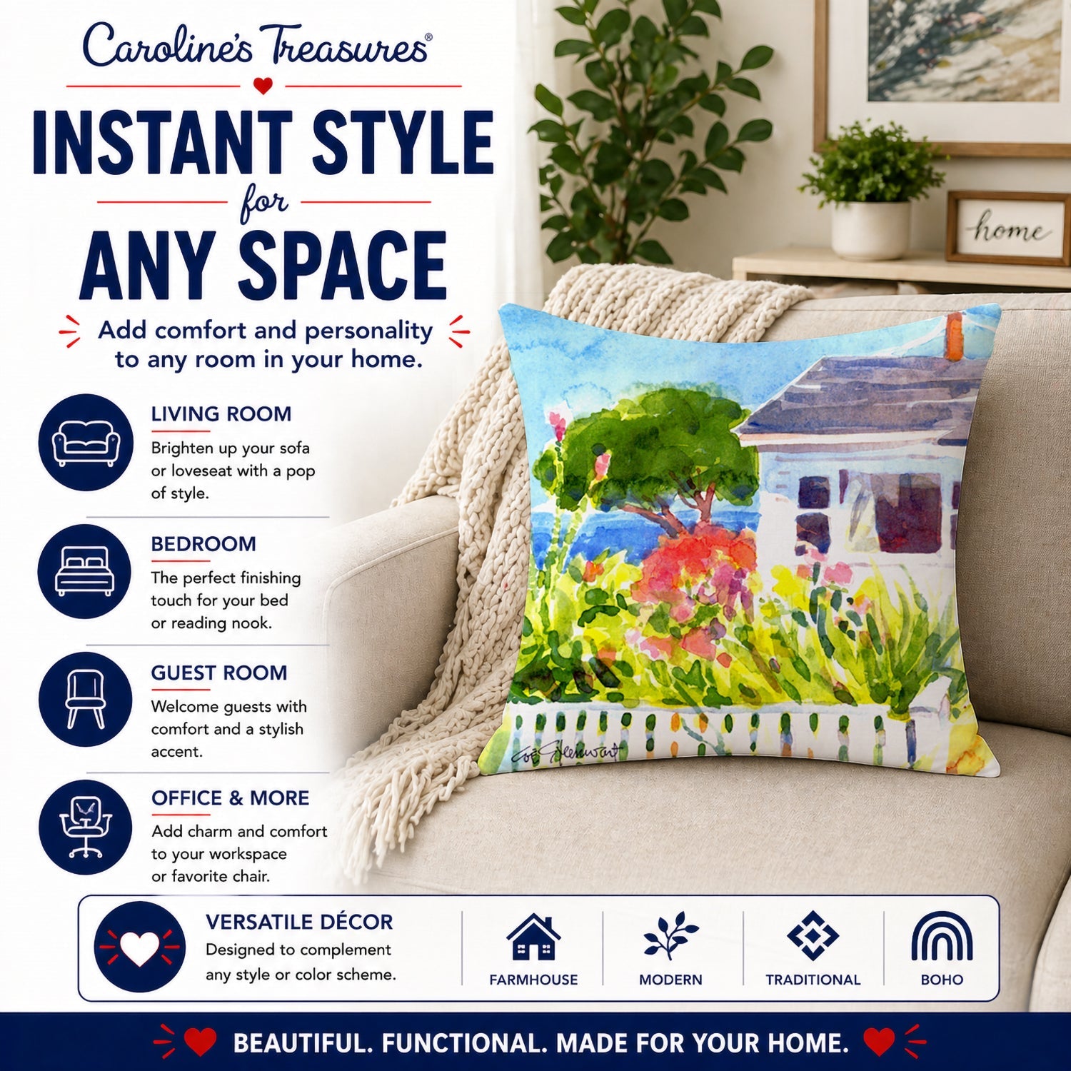 Houses Decorative Throw Pillow 14x14 Indoor Outdoor Accent Cushion, Fabric Cover with Insert for Sofa, Bed, Porch & Living Room
