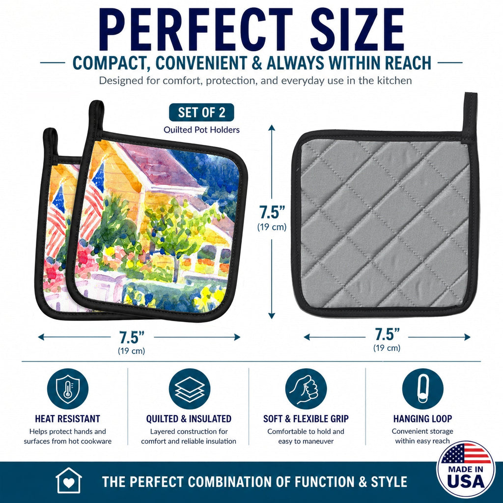 Houses Pot Holder Set of 2 Heat Resistant Quilted Hot Pads 7.5 x 7.5 Inch, Insulated Kitchen Trivets for Cooking & Baking