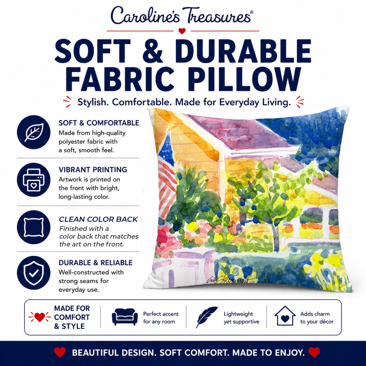 Houses Decorative Throw Pillow 14x14 Indoor Outdoor Accent Cushion, Fabric Cover with Insert for Sofa, Bed, Porch & Living Room