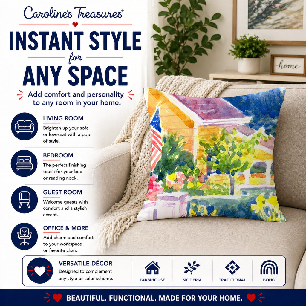 Houses Decorative Throw Pillow 14x14 Indoor Outdoor Accent Cushion, Fabric Cover with Insert for Sofa, Bed, Porch & Living Room