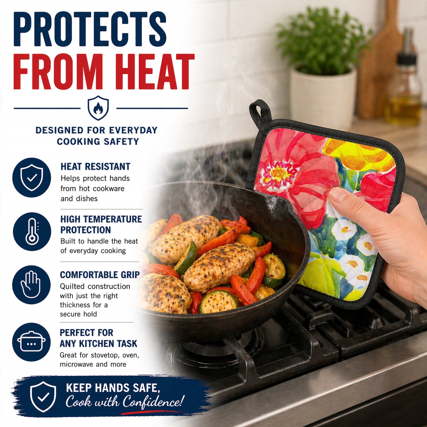 Flower Pot Holder Set of 2 Heat Resistant Quilted Hot Pads 7.5 x 7.5 Inch, Insulated Kitchen Trivets for Cooking & Baking