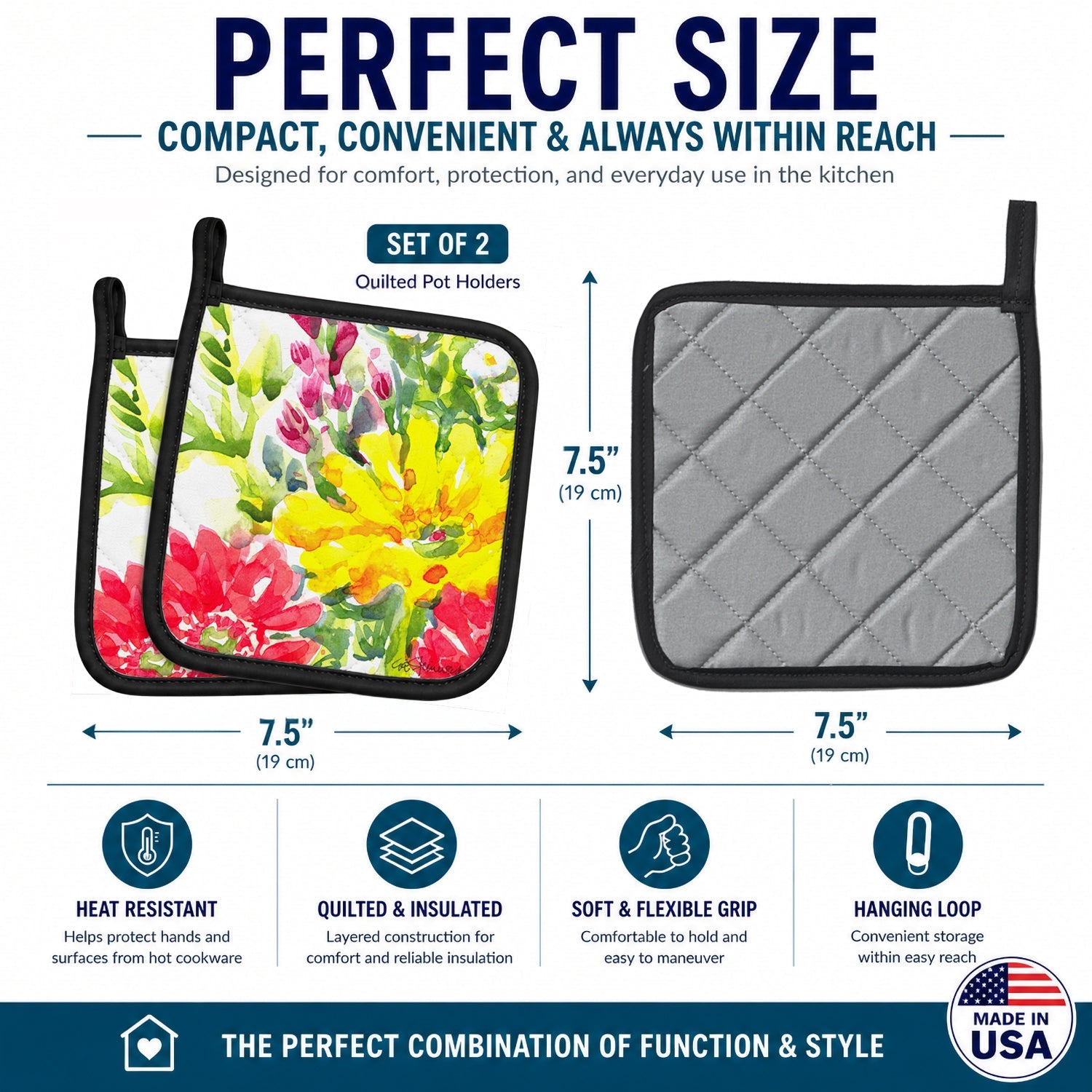 Flower Pot Holder Set of 2 Heat Resistant Quilted Hot Pads 7.5 x 7.5 Inch, Insulated Kitchen Trivets for Cooking & Baking