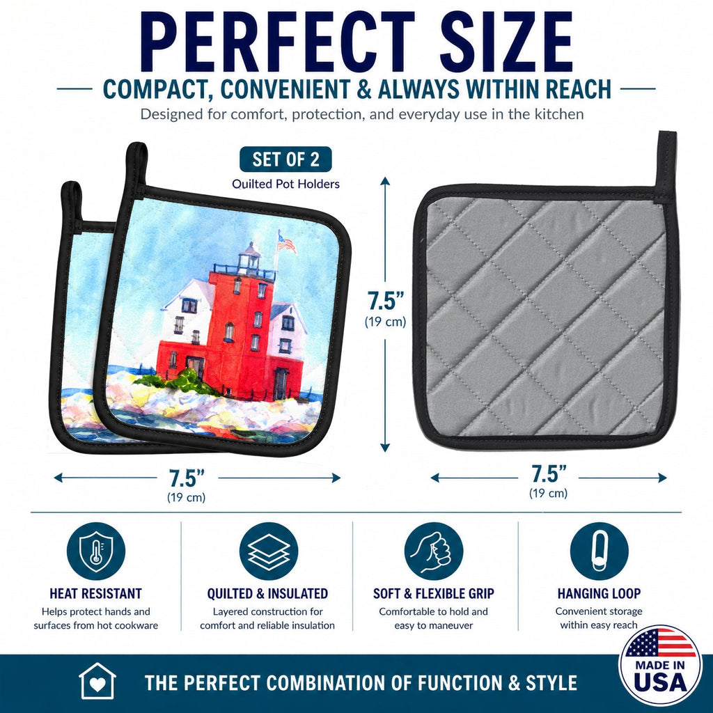 Lighthouse on the rocks Harbour Pot Holder Set of 2 Heat Resistant Quilted Hot Pads 7.5 x 7.5 Inch, Insulated Kitchen Trivets for Cooking & Baking