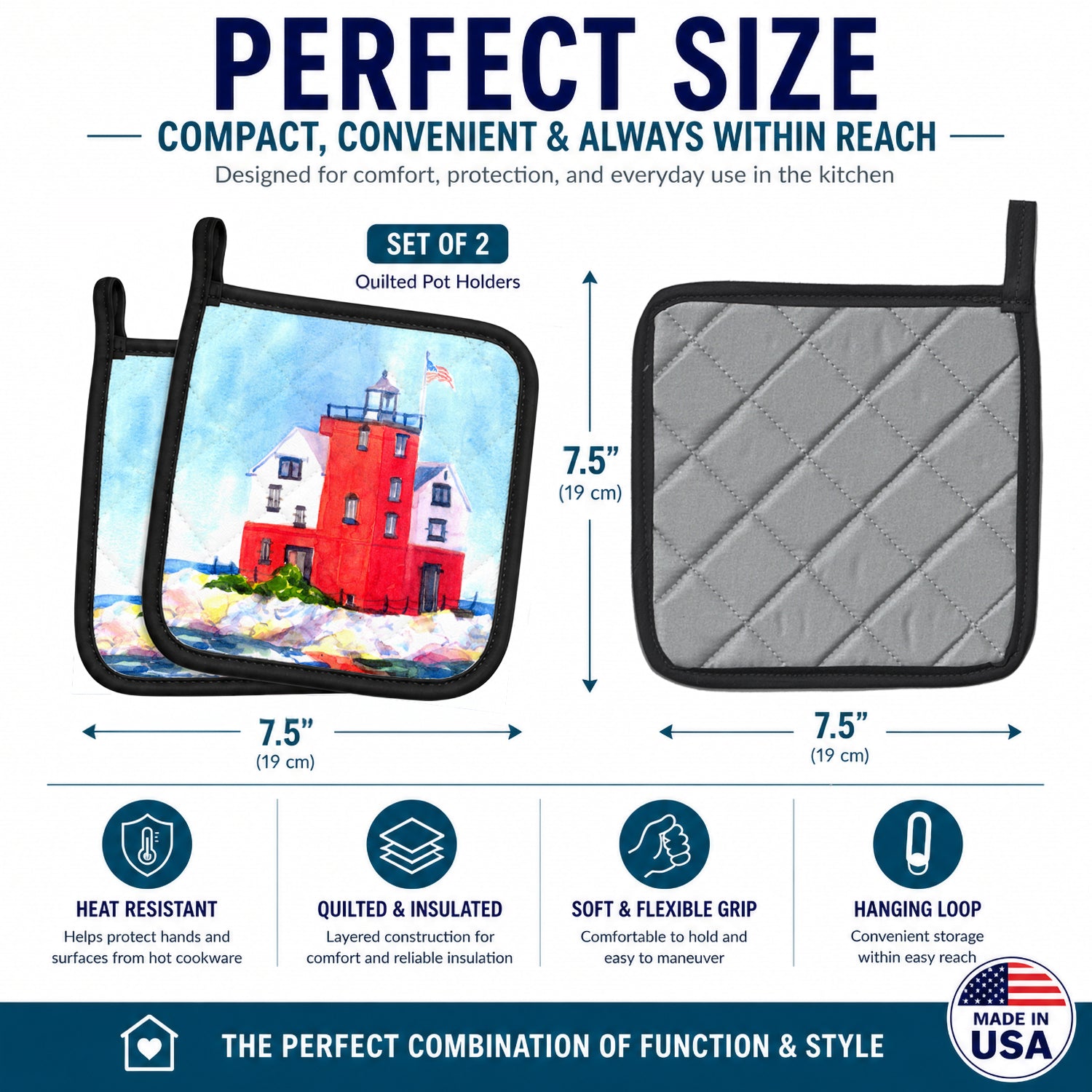 Lighthouse on the rocks Harbour Pot Holder Set of 2 Heat Resistant Quilted Hot Pads 7.5 x 7.5 Inch, Insulated Kitchen Trivets for Cooking & Baking