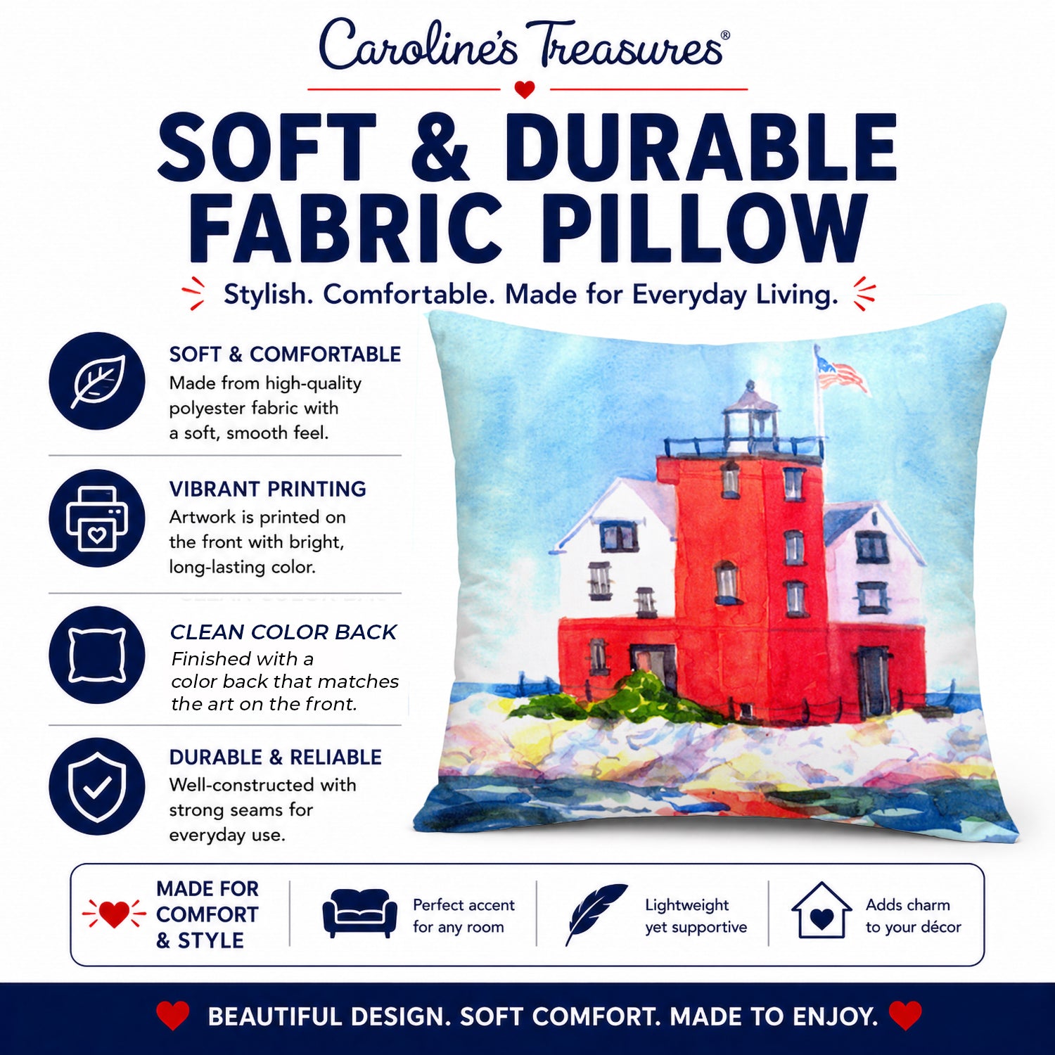 Lighthouse on the rocks Harbour Decorative Throw Pillow 14x14 Indoor Outdoor Accent Cushion, Fabric Cover with Insert for Sofa, Bed, Porch & Living Room