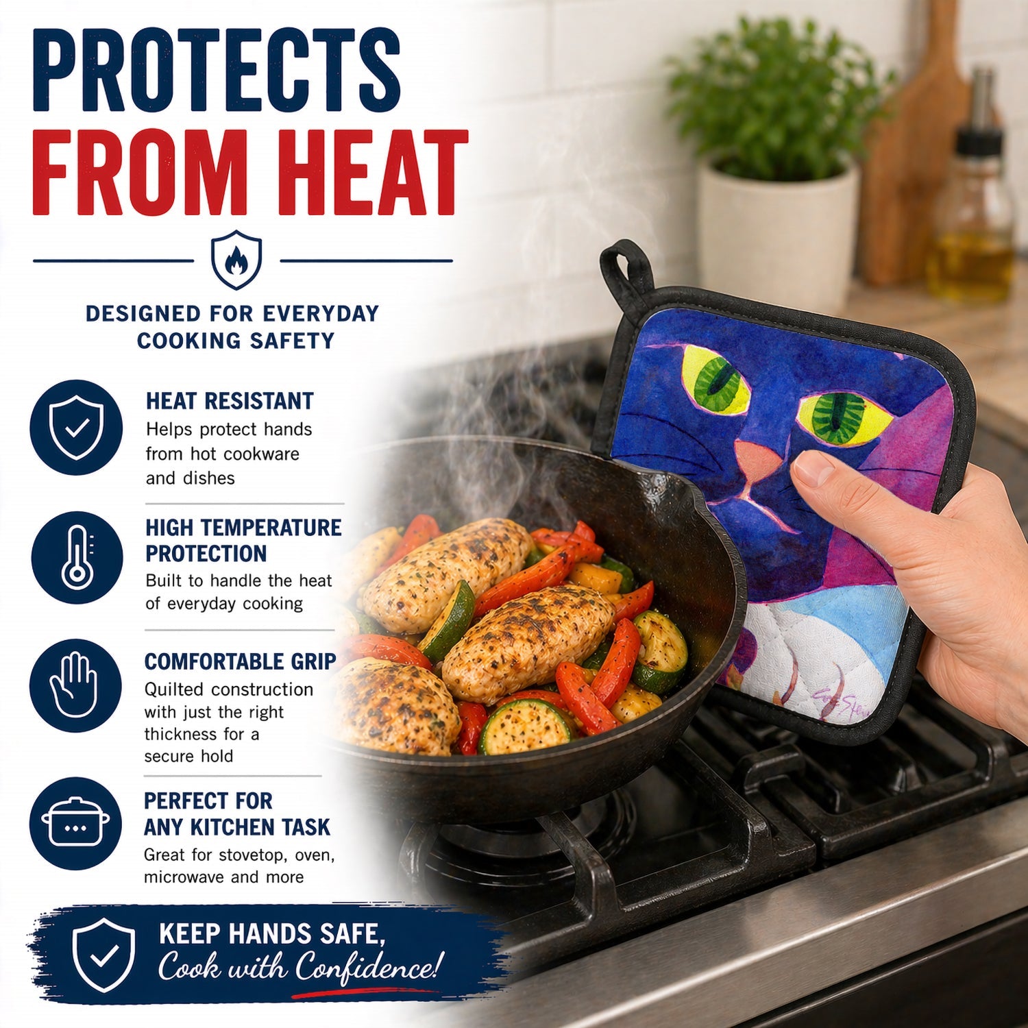 Big Blue Cat Pot Holder Set of 2 Heat Resistant Quilted Hot Pads 7.5 x 7.5 Inch, Insulated Kitchen Trivets for Cooking & Baking