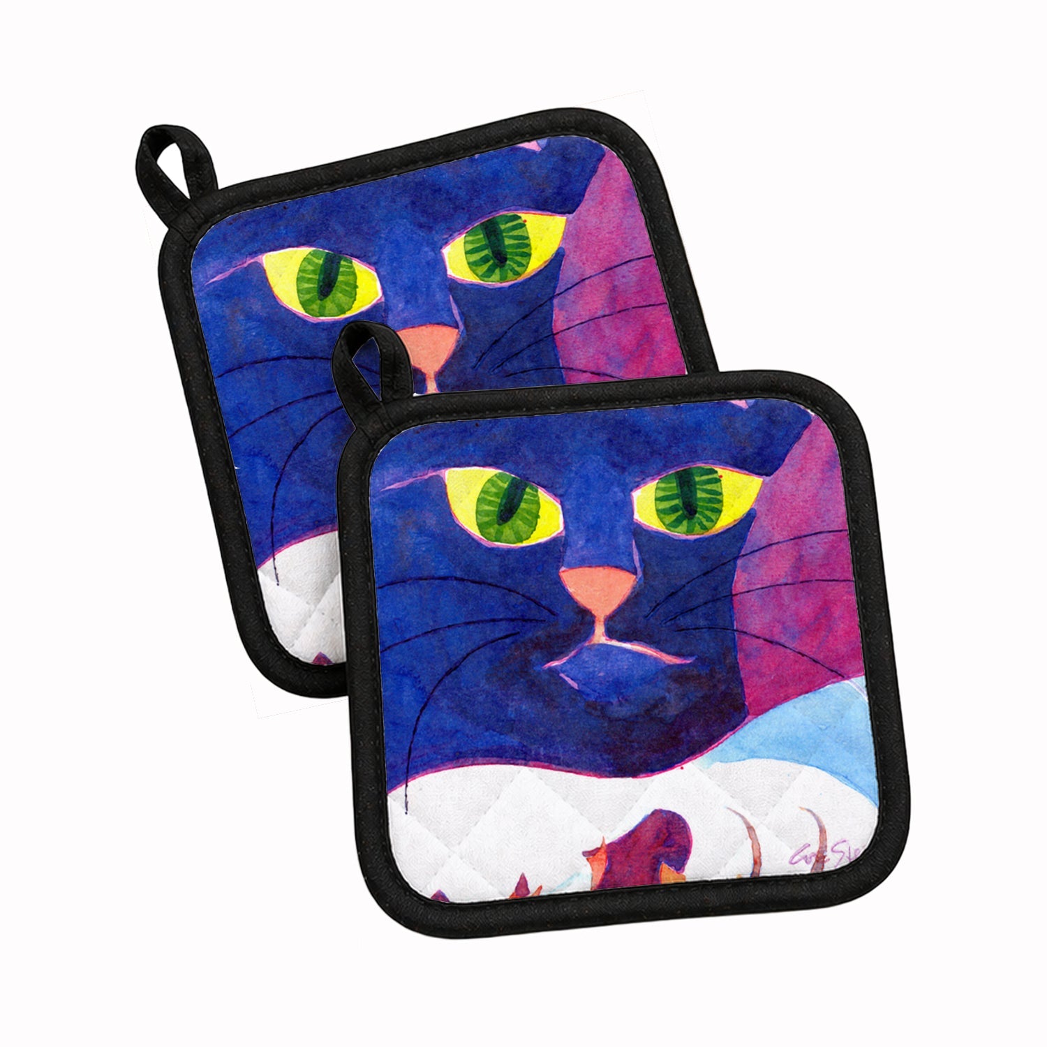 Big Blue Cat Pot Holder Set of 2 Heat Resistant Quilted Hot Pads 7.5 x 7.5 Inch, Insulated Kitchen Trivets for Cooking & Baking