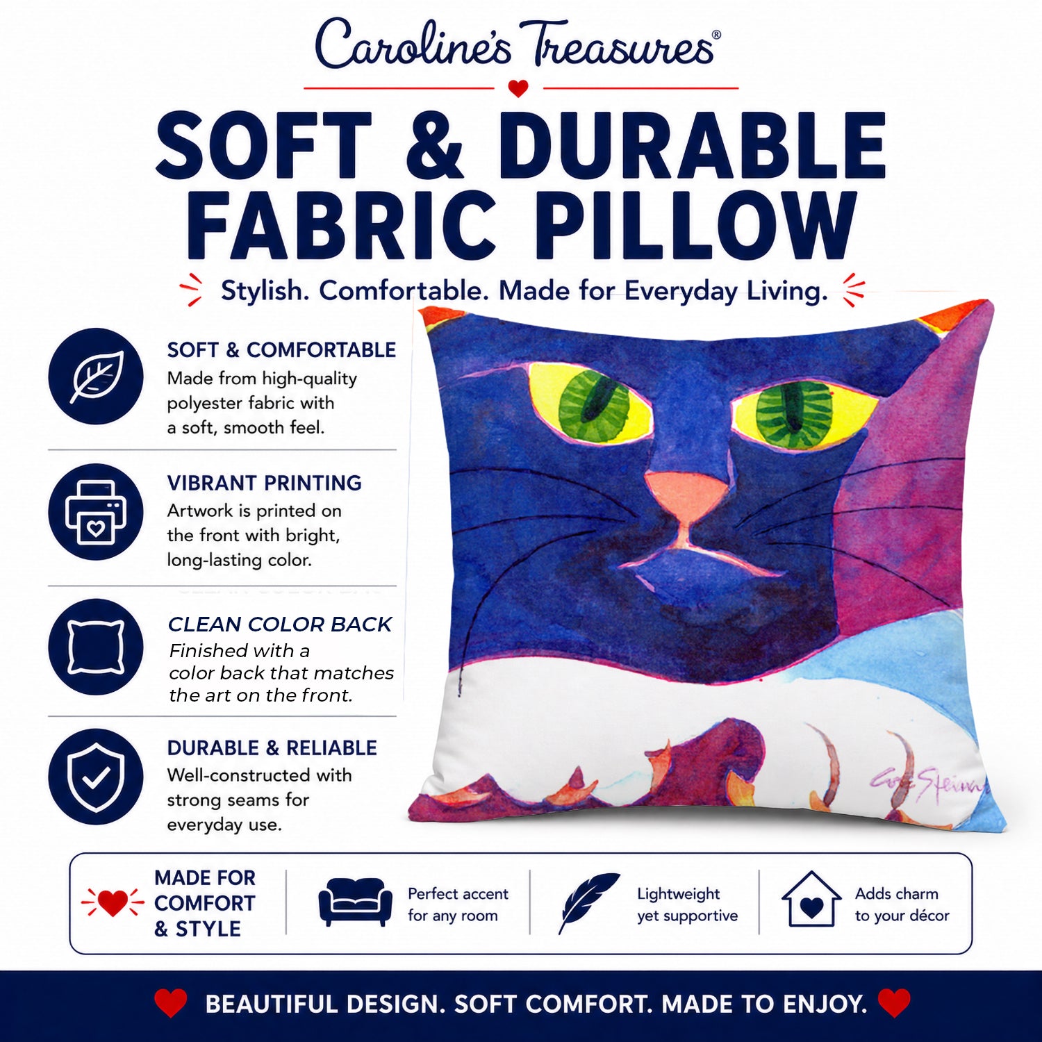 Big Blue Cat Decorative Throw Pillow 14x14 Indoor Outdoor Accent Cushion, Fabric Cover with Insert for Sofa, Bed, Porch & Living Room