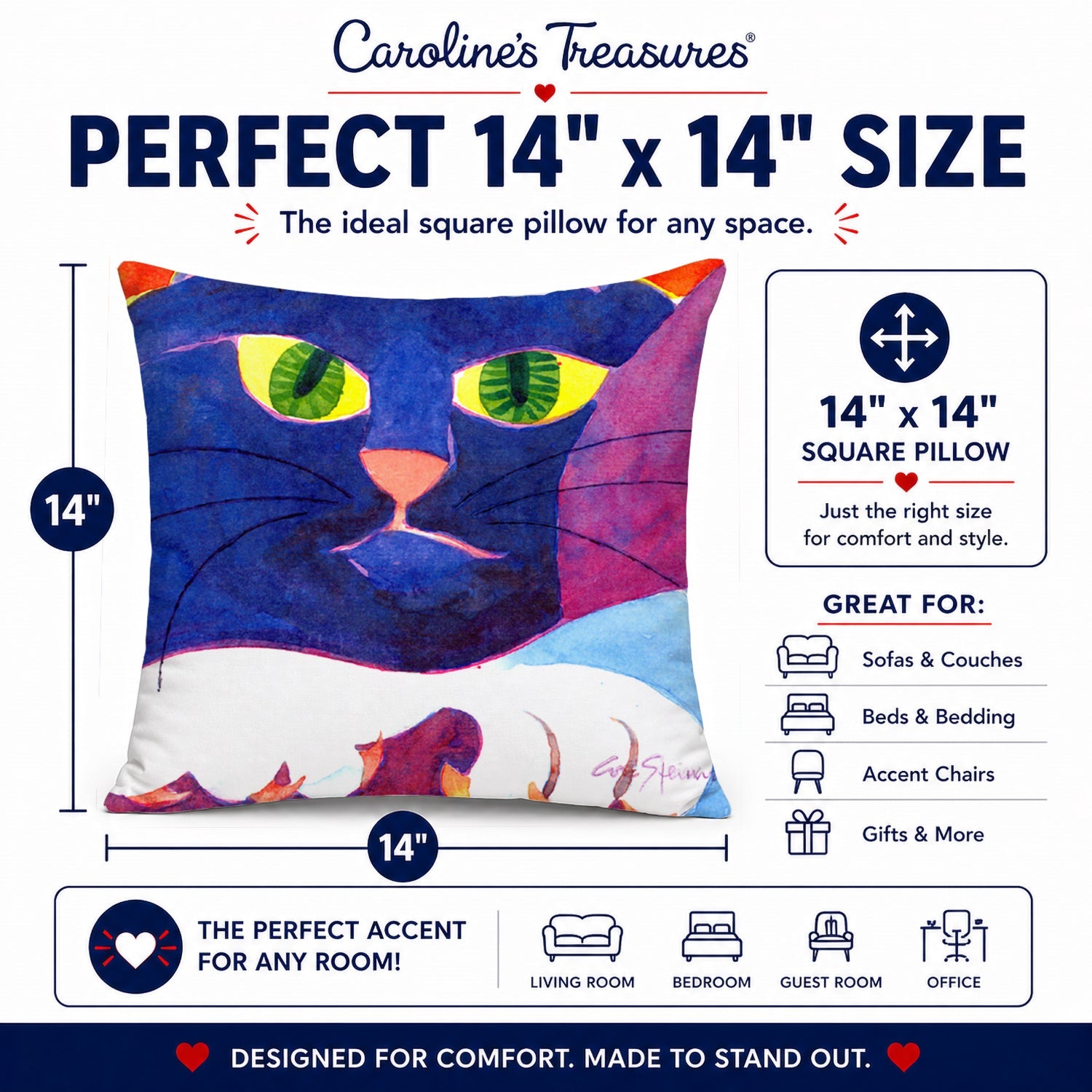 Big Blue Cat Decorative Throw Pillow 14x14 Indoor Outdoor Accent Cushion, Fabric Cover with Insert for Sofa, Bed, Porch & Living Room