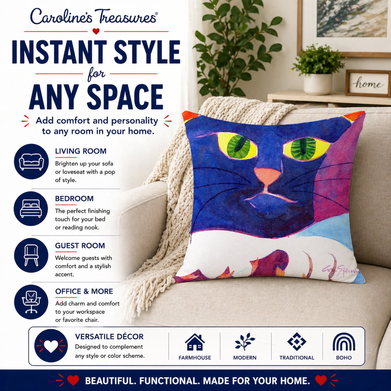 Big Blue Cat Decorative Throw Pillow 14x14 Indoor Outdoor Accent Cushion, Fabric Cover with Insert for Sofa, Bed, Porch & Living Room