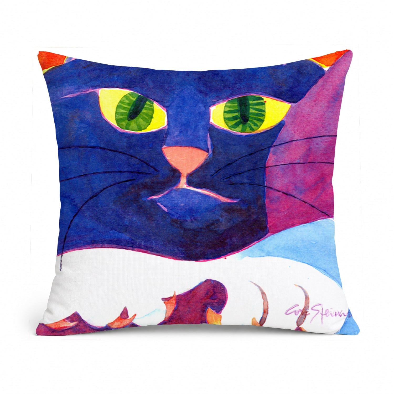 Big Blue Cat Decorative Throw Pillow 14x14 Indoor Outdoor Accent Cushion, Fabric Cover with Insert for Sofa, Bed, Porch & Living Room