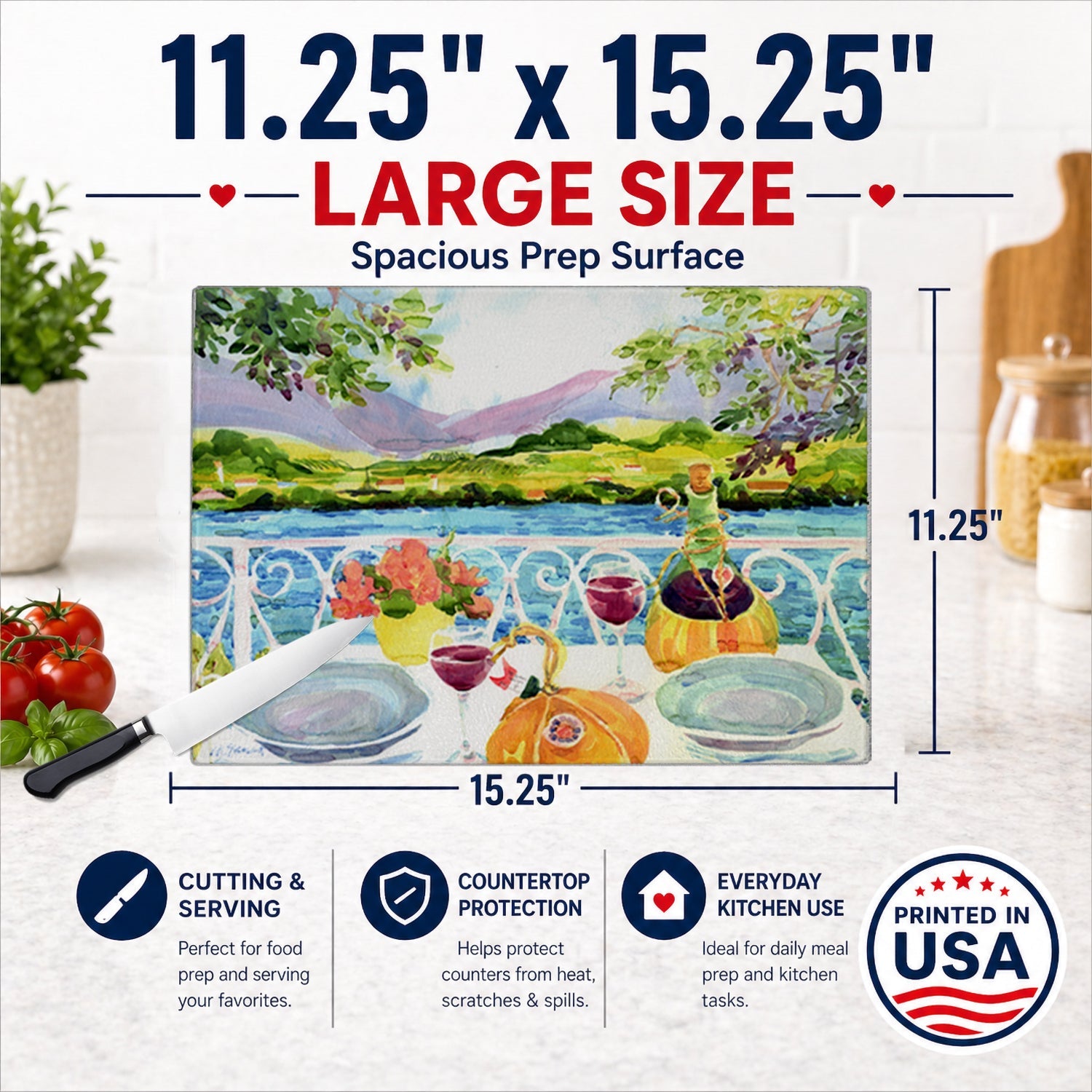 Afternoon of Grape Delights Wine Cutting Board Tempered Glass Kitchen Cutting Surface, Heat Resistant Chopping, Non-Slip Feet, Food Prep & Serving