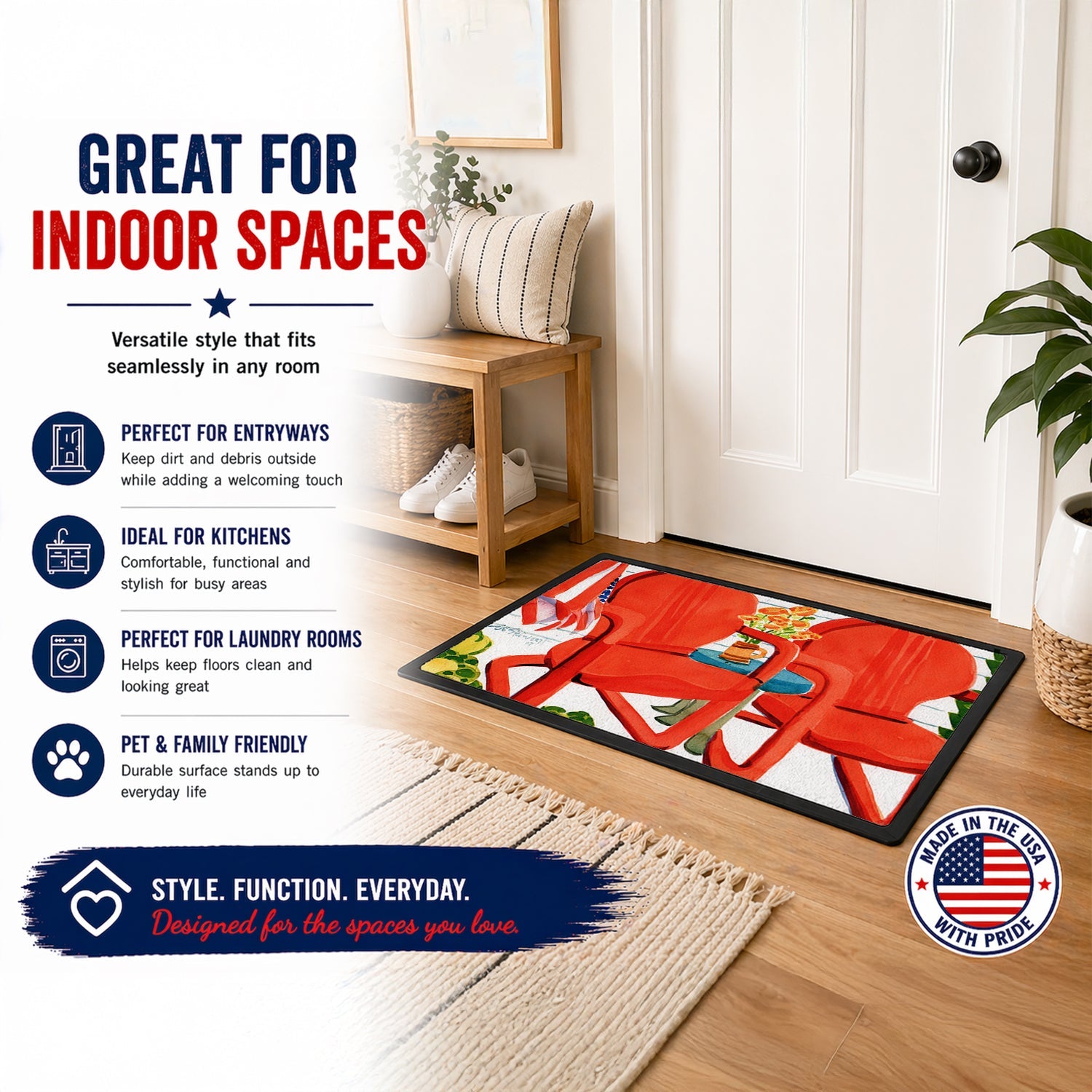 Red Chairs Patio View Doormat Indoor Outdoor 24H X 36W Front Door Mat Rugs for Entryway, Non Slip Washable Low Pile,