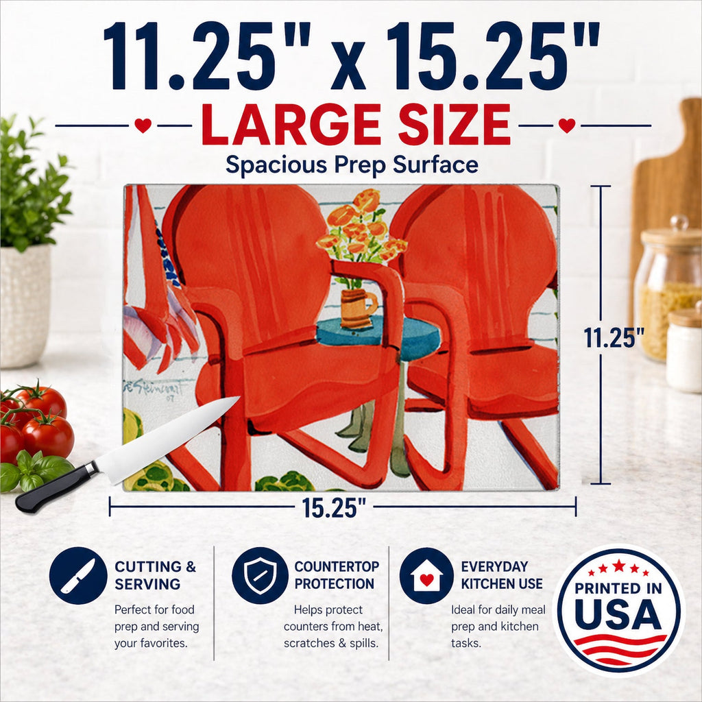 Red Chairs Patio View Cutting Board Tempered Glass Kitchen Cutting Surface, Heat Resistant Chopping, Non-Slip Feet, Food Prep & Serving