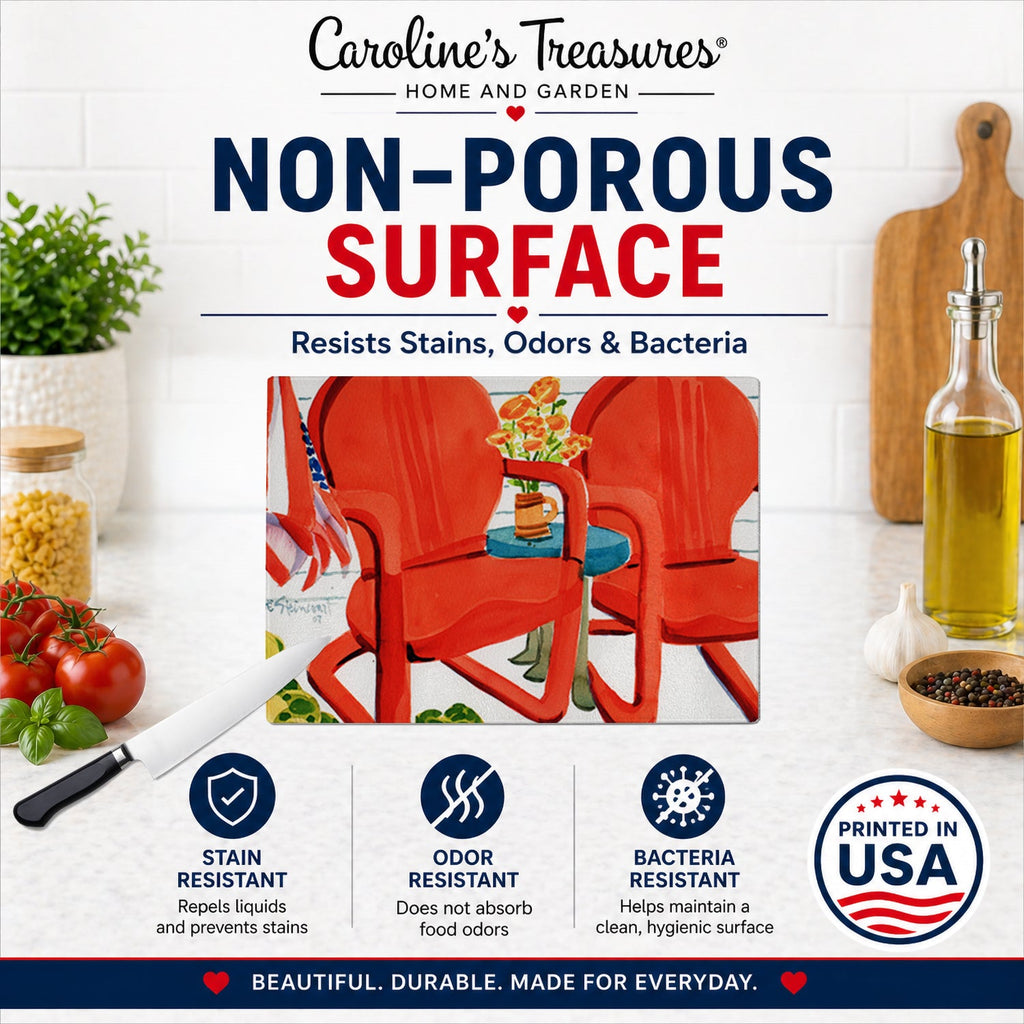 Red Chairs Patio View Cutting Board Tempered Glass Kitchen Cutting Surface, Heat Resistant Chopping, Non-Slip Feet, Food Prep & Serving