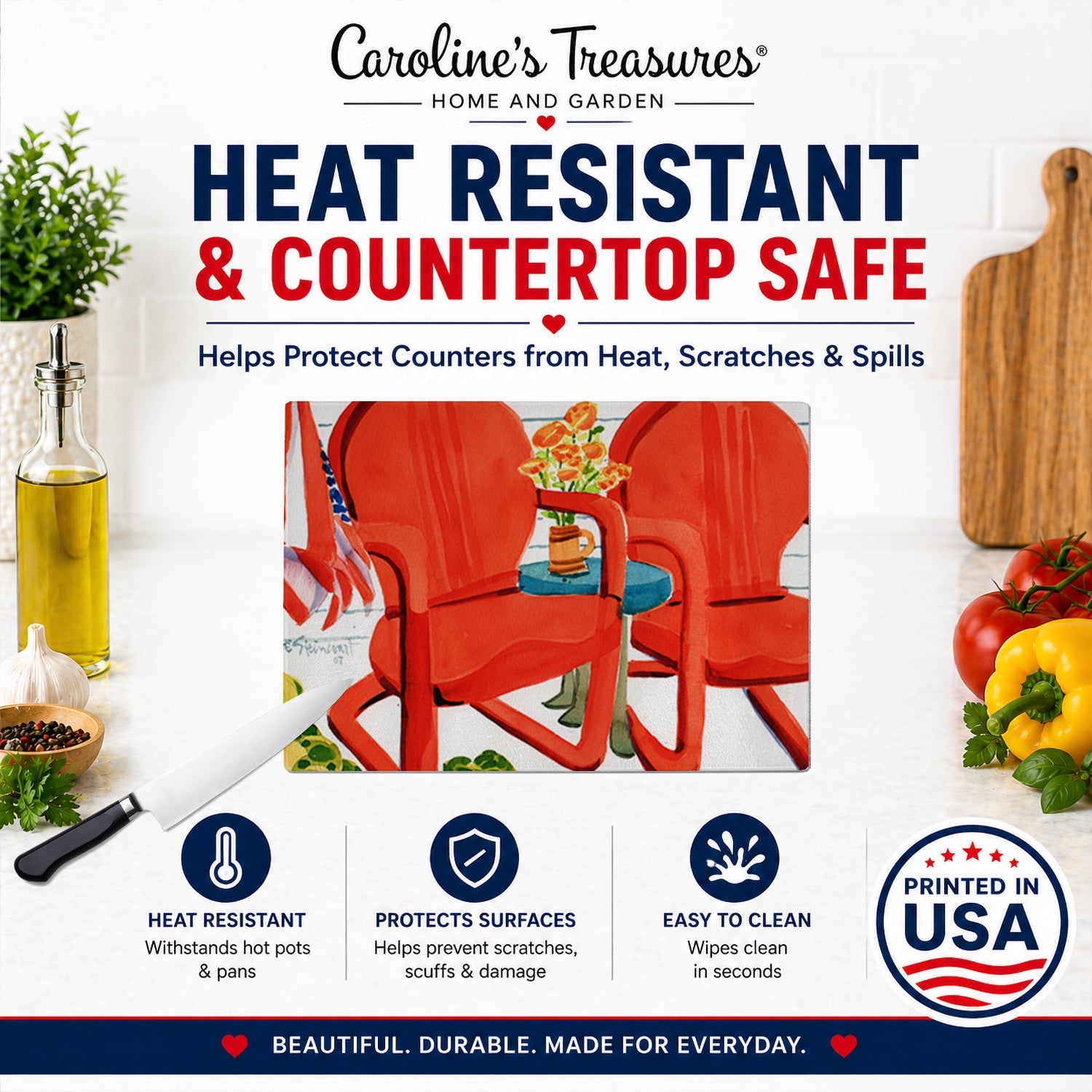 Red Chairs Patio View Cutting Board Tempered Glass Kitchen Cutting Surface, Heat Resistant Chopping, Non-Slip Feet, Food Prep & Serving