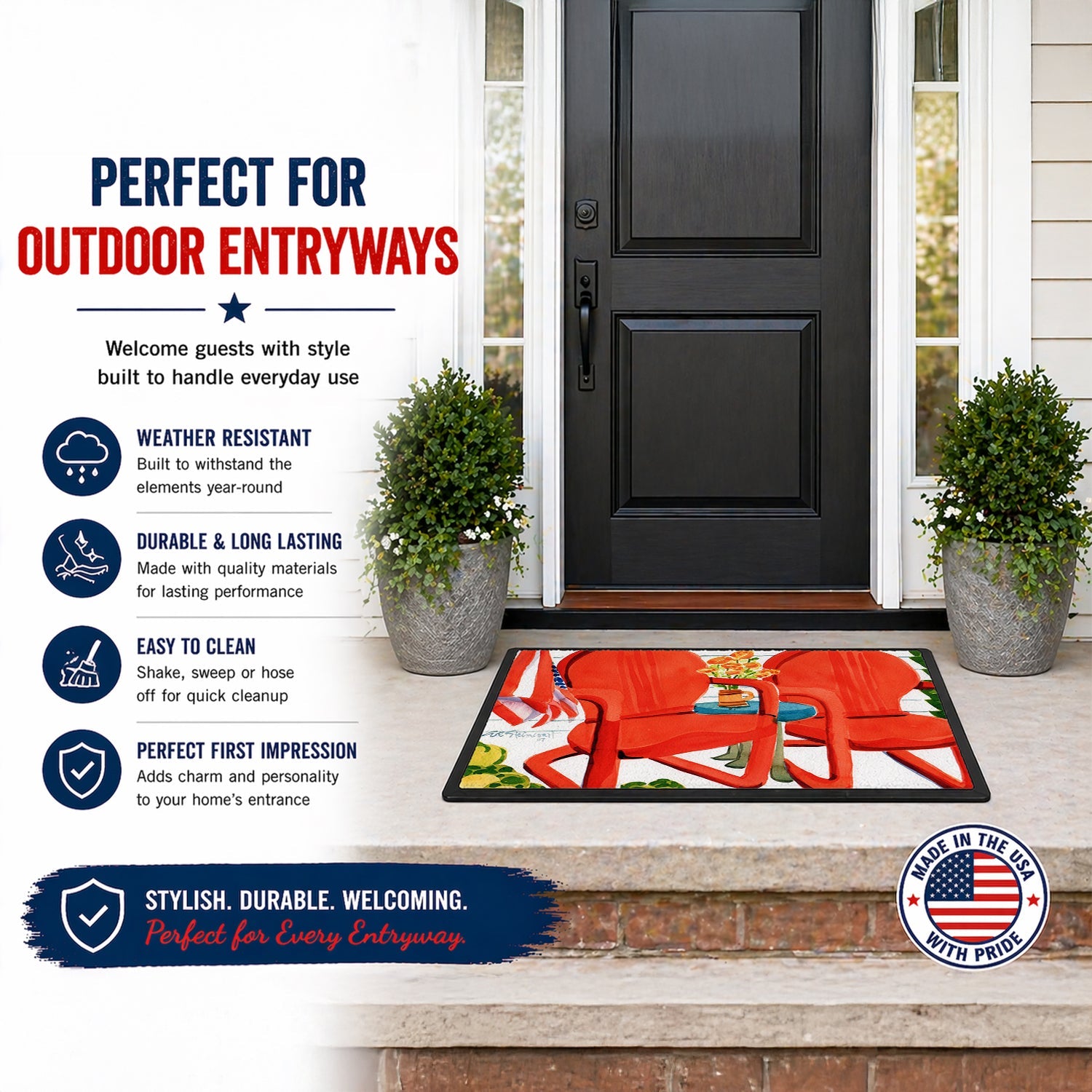 Red Chairs Patio View Doormat Indoor Outdoor 18H X 27W Front Door Mat Rugs for Entryway, Non Slip Washable