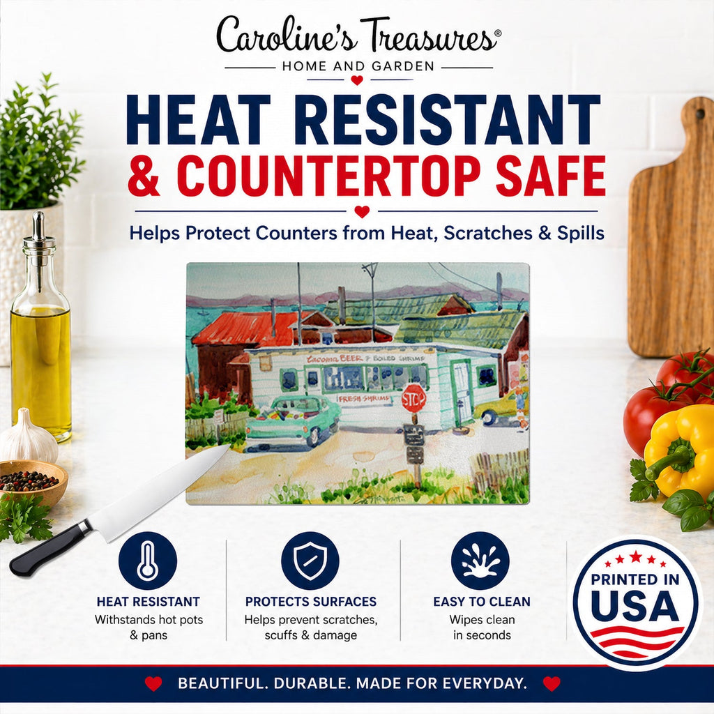 Tacoma Beer and Boiled Shrimp Market Cutting Board Tempered Glass Kitchen Cutting Surface, Heat Resistant Chopping, Non-Slip Feet, Food Prep & Serving