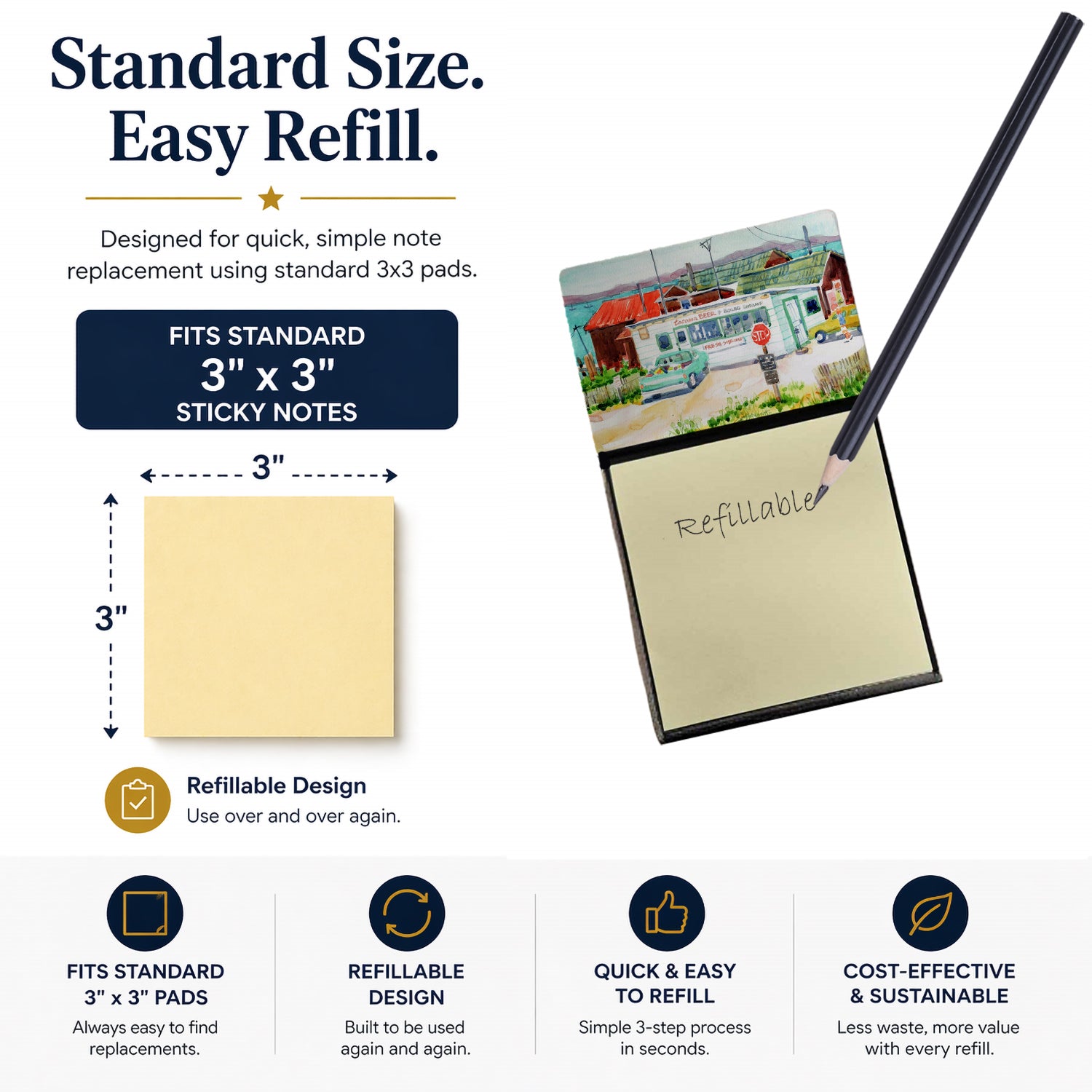 Tacoma Beer and Boiled Shrimp Market Watercolor Sticky Note Holder Refillable Dispenser Desk Accessory 3x3 Pad Gift