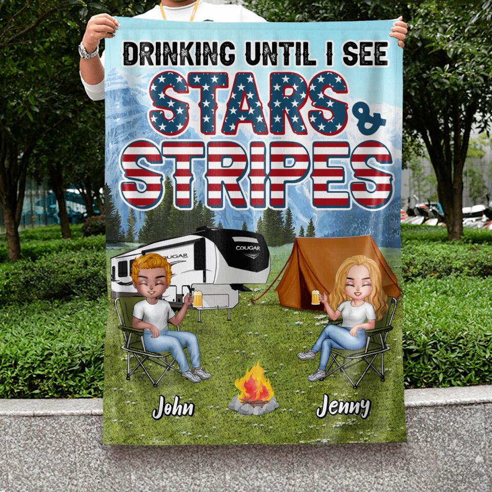 Personalized Camping Friends Flag - Up to 7 People - Gift Idea For Camping Lover/Friends - Drinking Until I See Stars And Stripes