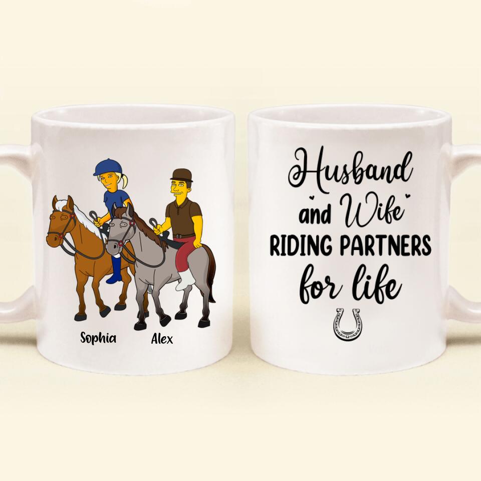 Personalized Horseback Riding Cartoon Portrait From Photo Coffee Mug - Gift Idea For Couple/ Riding Lover - Husband And Wife Riding Partners For Life