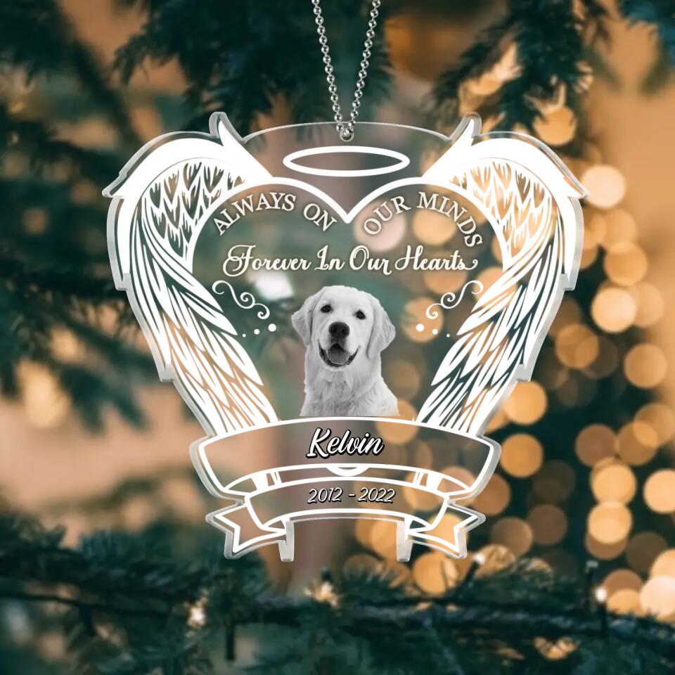 Personalized Memorial Acrylic Ornament - Upload Cat/Dog Photo - Christmas Gift Idea For Pet Owner - Always On Our Minds Forever In Our Hearts