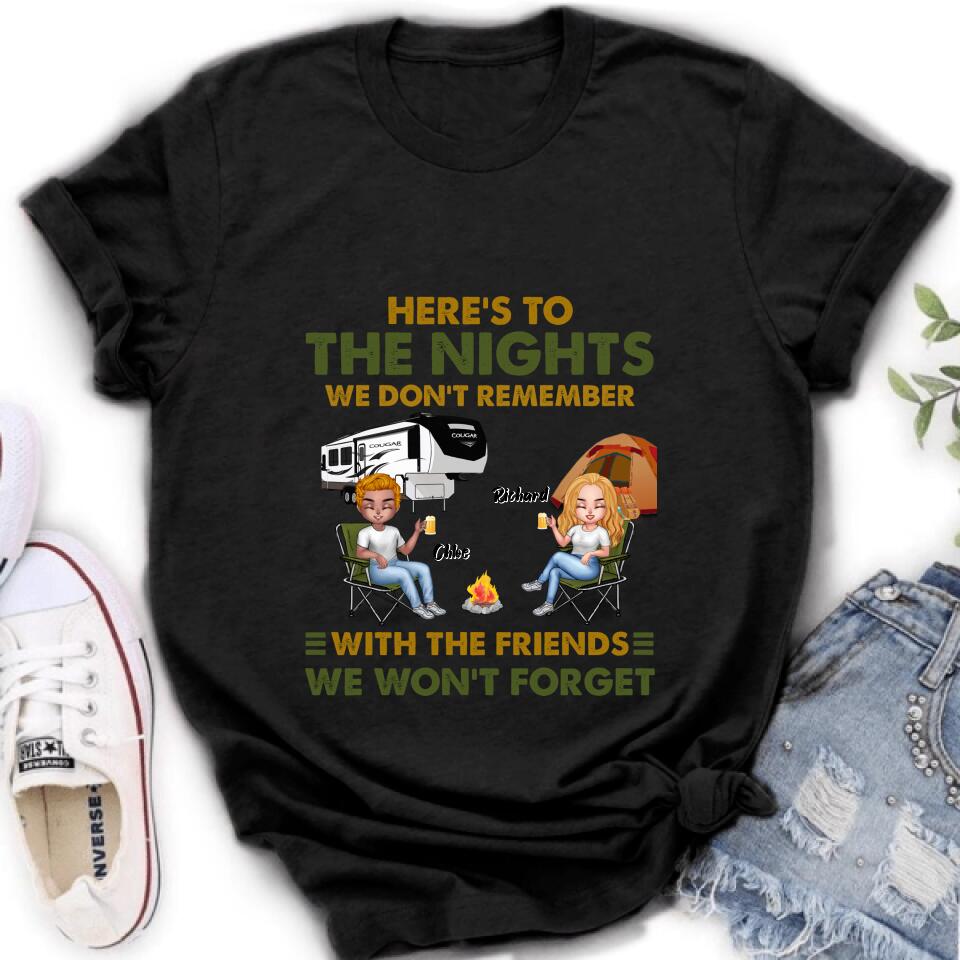 Personalized Camping Friends Shirt/Pullover Hoodie - Up to 7 People - Gift Idea For Friends/Camping Lover - Here's To The Nights We Don't Remember With The Friends We Won't Forget