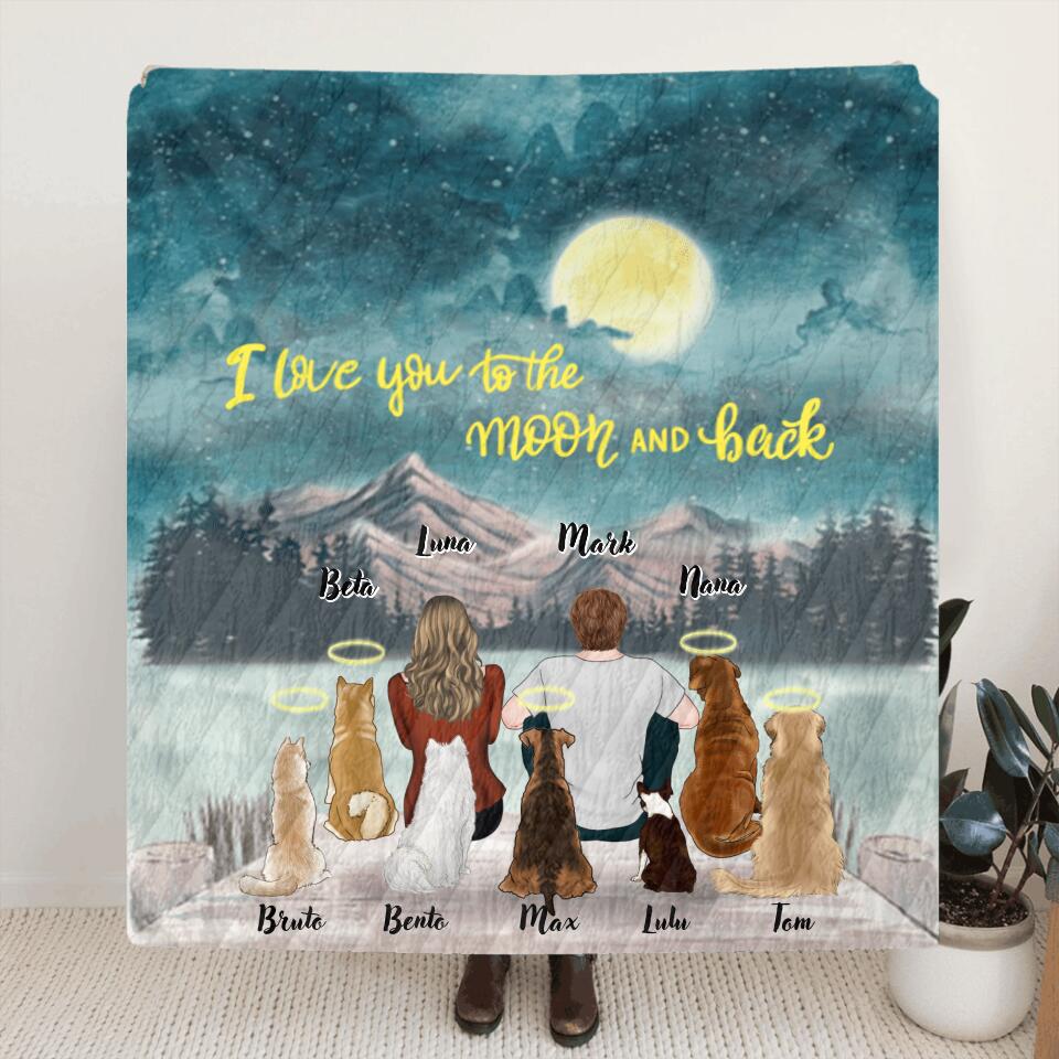 Personalized Couple Dog Quilt/Fleece Blanket - Up to 7 Dogs - Best Gift For Couple/Dog Lover - I Love You To The Moon And Back