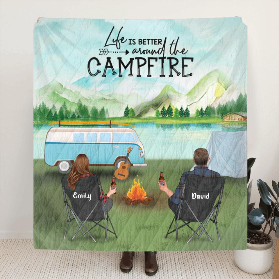 Personalized Camping Blanket - Gift For Same Sex Couple - 2 Women & 1 Dog Camping Quilt - Life is better around the campfire