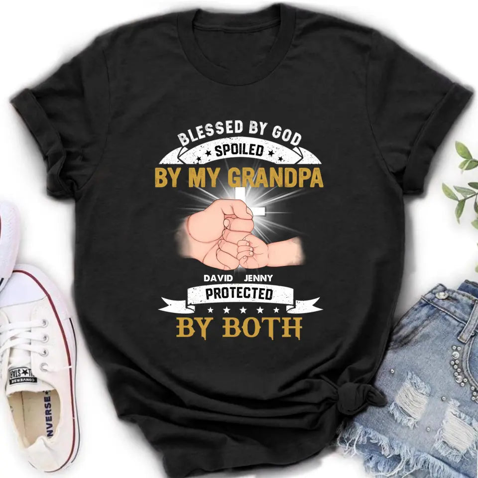 Personalized Grandkids Shirt/Hoodie - Up to 5 Kids - Gift Idea For Grandma/Grandpa - Blessed By God Spoiled By My Grandpa Protected By Both