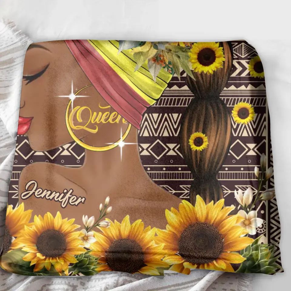 Personalized Sunflower Girl Fleece Throw Blanket/Quilt - Gift Idea for Black Girl/Black Woman/Afro Black Girl