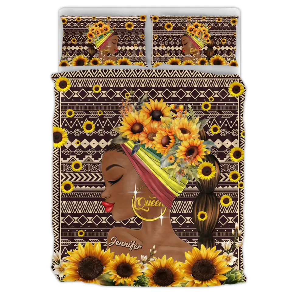 Custom Personalized Sunflower Girl Quilt Bed Set - Gift Idea for Black Girl/Black Woman/Afro Black Girl