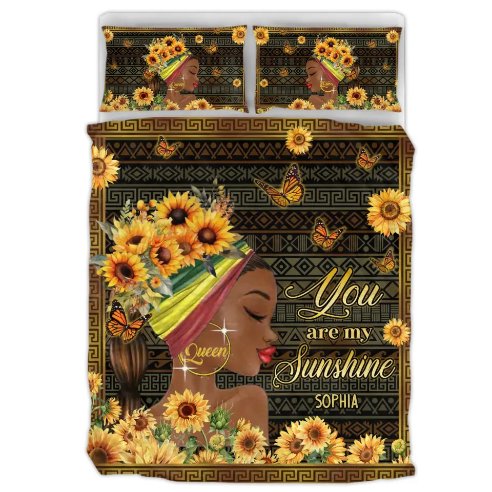 Personalized Sunflower Girl Quilt Bed Set - Gift Idea for Black Girl/Black Woman/Afro Black Girl  - You Are My Sunshine