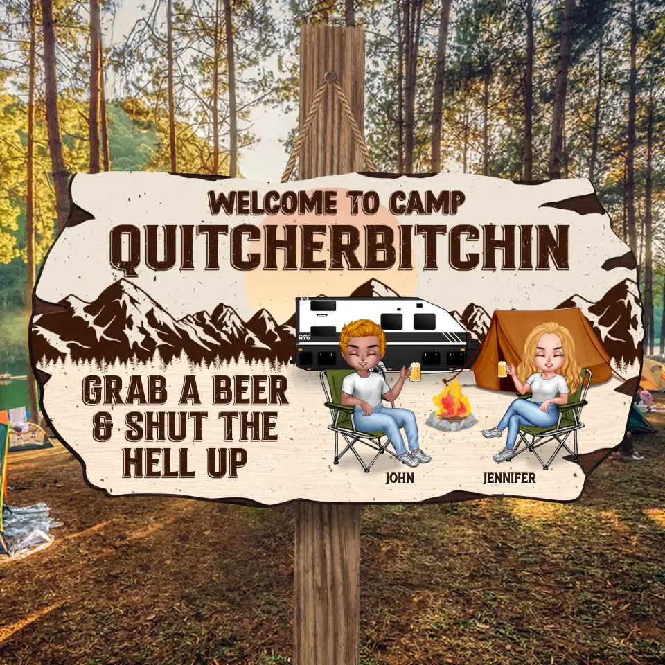 Personalized Camping Wooden Sign - Up to 4 People - Gift Idea For Couple/Friends/Camping Lovers - Welcome To Camp Quitcherbitchin
