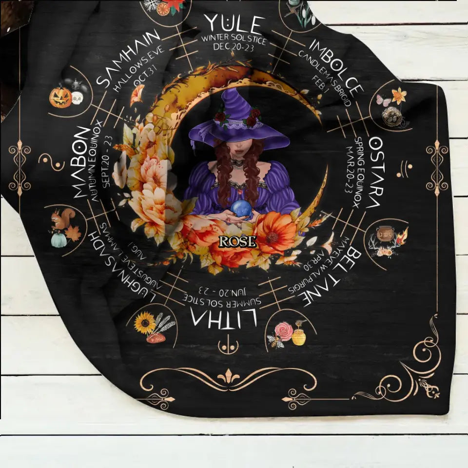 Personalized Witch Calendar Floral Frame Fleece Throw Blanket/Quilt - Gift Idea For Halloween/Witch Lovers
