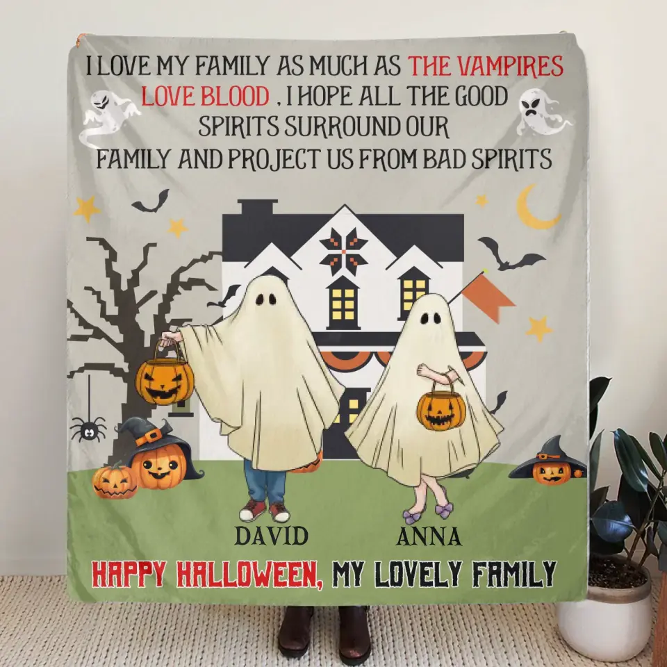 Personalized Halloween Ghost Family Quilt/Fleece Throw Blanket - Halloween Gift For Couple/Family - Up to 5 People With 4 Pets - I Love My Family