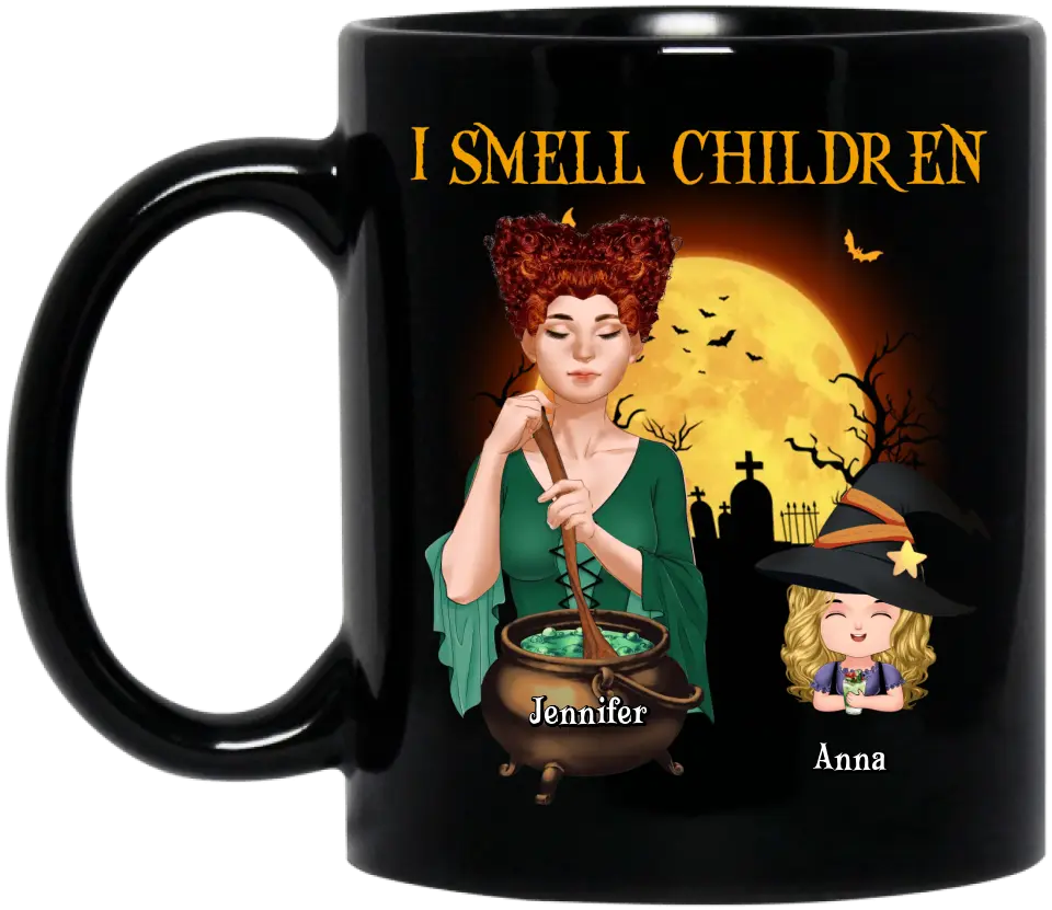 Personalized Grandma Witch Coffee Mug - Halloween Gift Idea For Grandma/Mother - Woman With Up to 6 Kids - I Smell Children