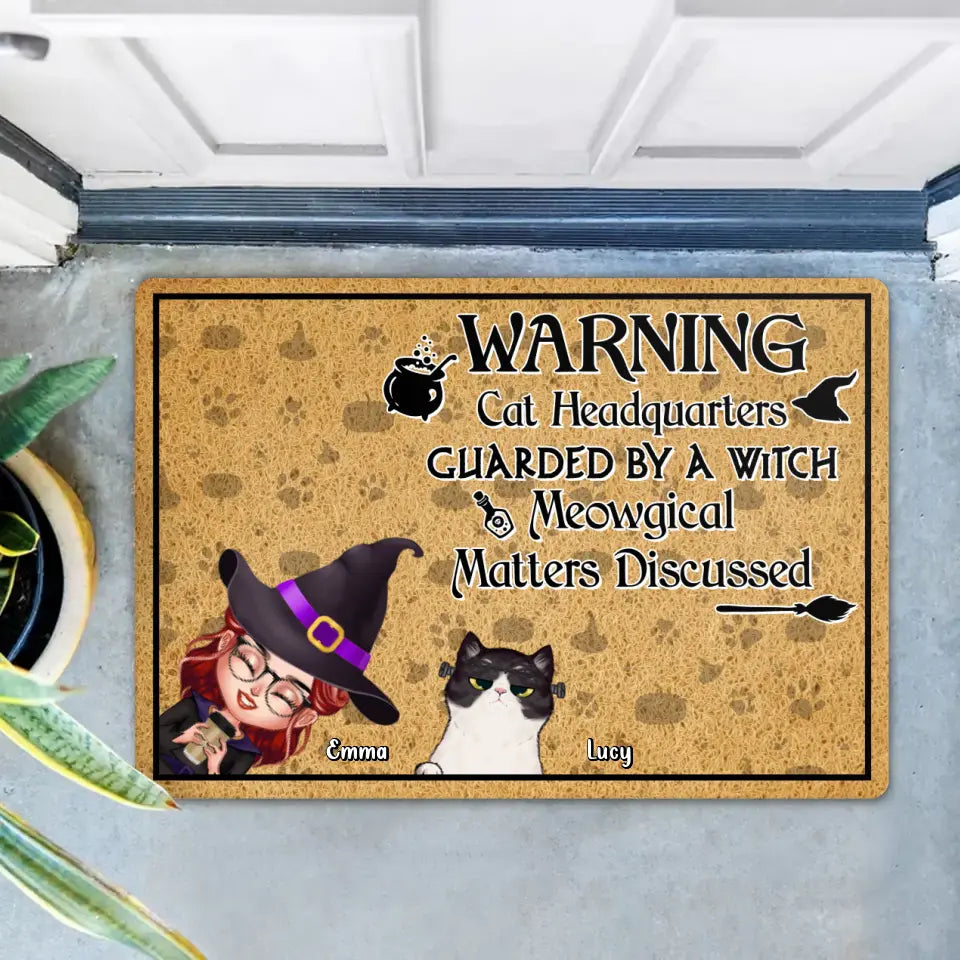 Personalized Witch Doormat - Halloween Gift For Dog/Cat Lovers - Adult/Couple With Up to 4 Pets - Warning Cat Headquarters Guarded By A Witch Meowgical Matters Discussed