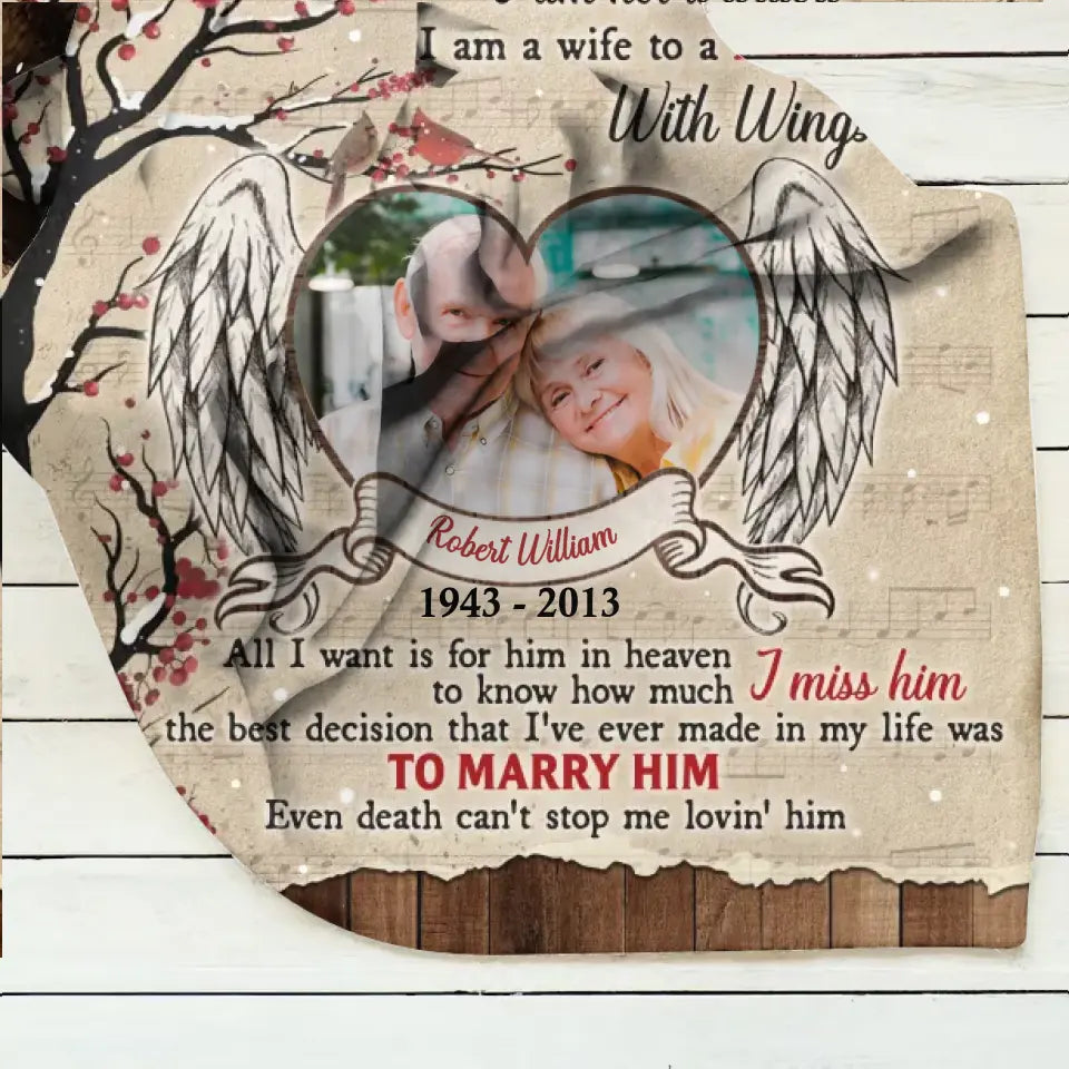 Custom Memorial Photo Fleece Throw Blanket/Quilt/Pillow Cover - Memorial Gift Idea for Family - I Am A Wife To A Husband With Wings