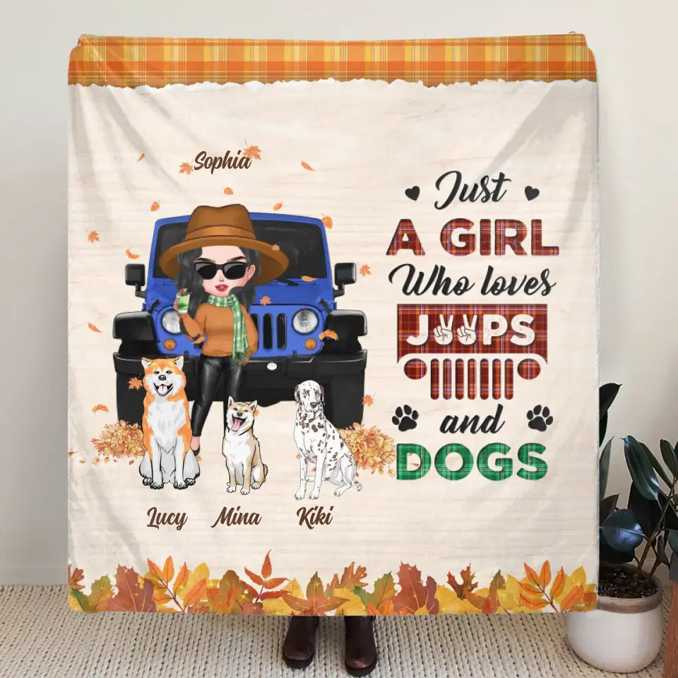 Personalized Off-road Autumn Girl Fleece Throw Blanket/Quilt - Gift Idea For Girl/Dog Lovers - Up to 3 Dogs - Just A Girl