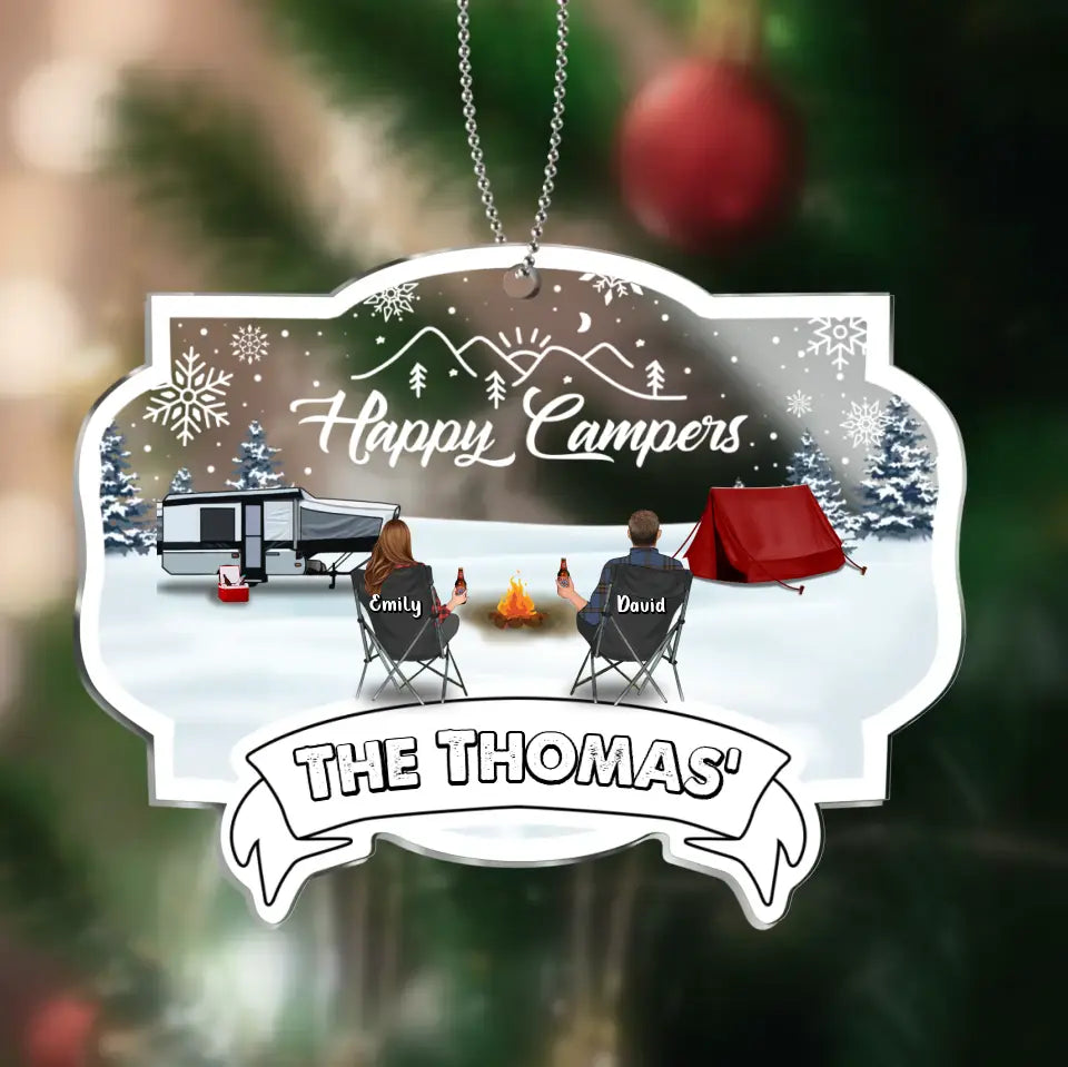 Personalized Camping Acrylic Ornament - Couple/Parents With Up to 2 Kids And 3 Pets - Christmas Gift Idea For Camping Lovers - Happy Campers