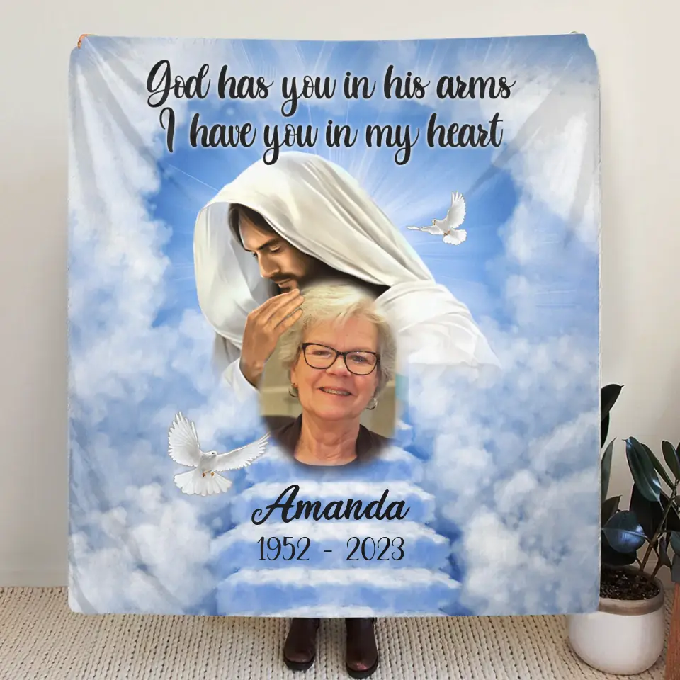 Personalized Memorial Fleece Throw Blanket & Quilt - Upload Photo - Memorial Gift Idea For Family Member - God Has You In His Arms I Have You In My Heart
