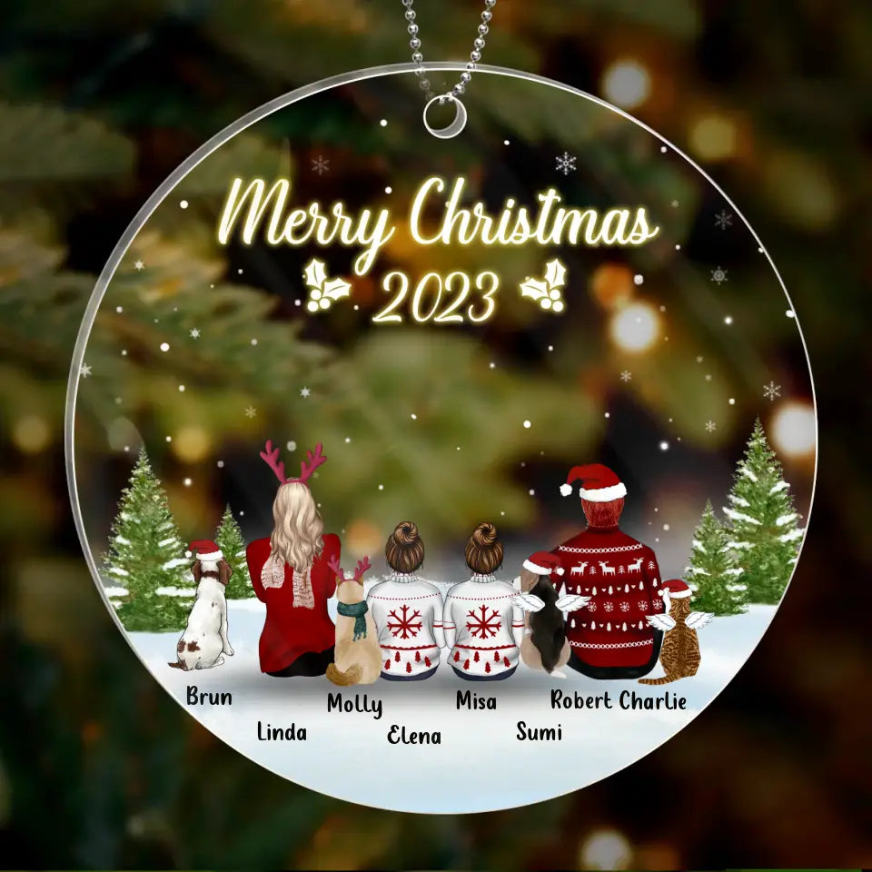Personalized Family & Pet Circle Acrylic Ornament - Up to 2 Kids, 4 Pets - Christmas Gift Idea For Family/Pet Lovers - Merry Christmas 2026