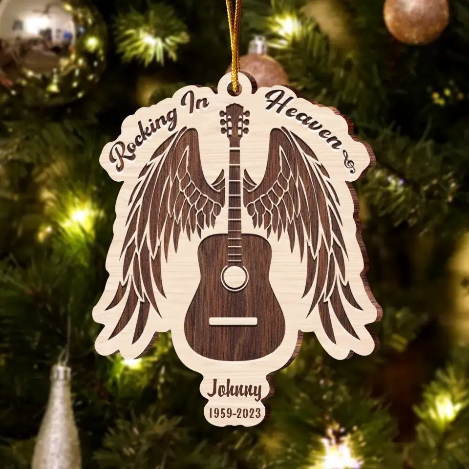 Personalized Memorial Guitar Lovers Wooden Ornament - Memorial Gift Idea - Rocking In Heaven