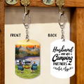 Personalized Camping Aluminum Keychain - Adult/Couple with Up to 2 Dogs/Cats - Gift Idea for Camping/Dog/Cat Lovers - Husband And Wife Camping Partners For Life