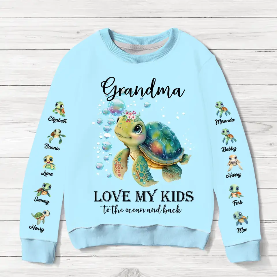 Personalized Turtle AOP Sweater - Up to 10 Turtles - Mother's Day Gift Idea for Grandma/Mom - Love My Kids To The Ocean And Back